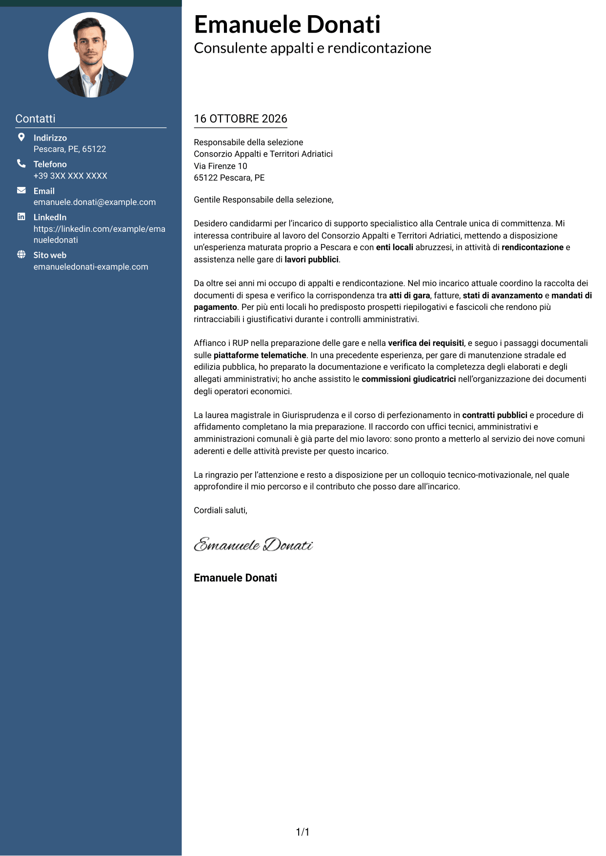 Lettera di presentazione Elegante (formato con colonna laterale colorata e foto): Esperto in rendicontazione appalti pubblici, pagina 1