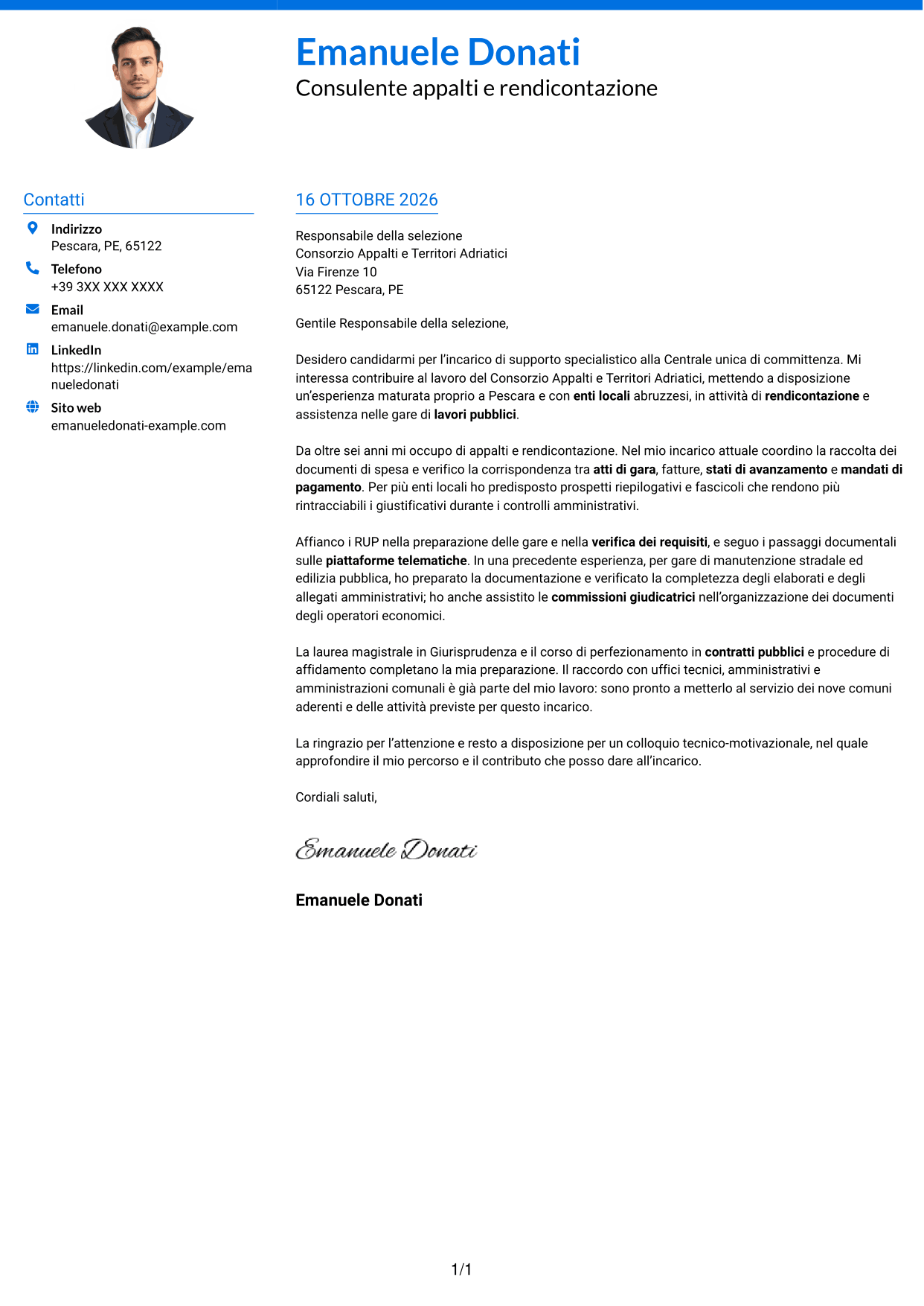 Lettera di presentazione Audace (formato a due colonne con accenti colorati e foto): Esperto in rendicontazione appalti pubblici, pagina 1