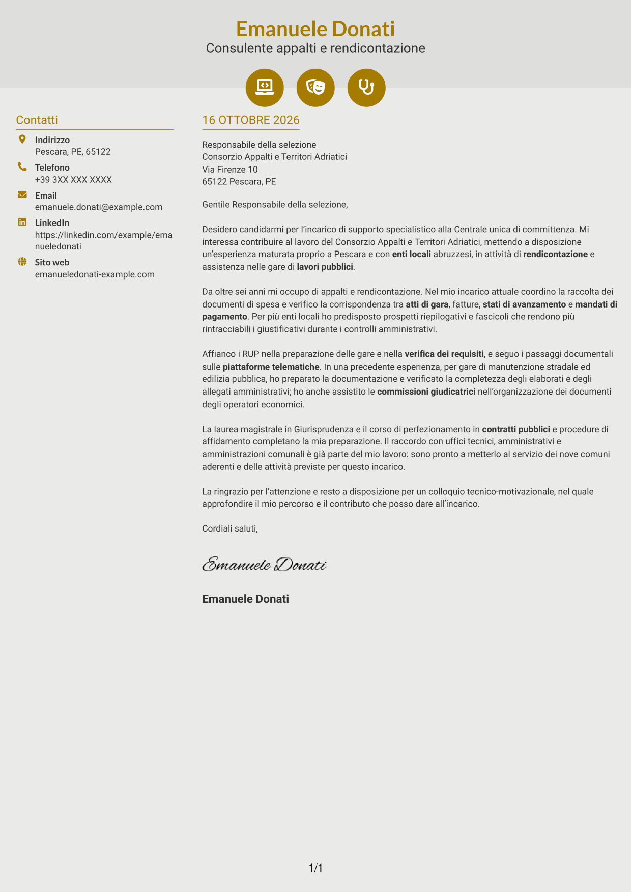 Lettera di presentazione Dinamico (formato a due colonne con icone): Esperto in rendicontazione appalti pubblici, pagina 1