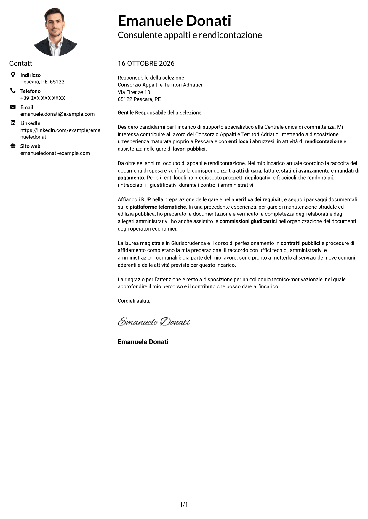 Esempio di lettera di presentazione — pagina 1