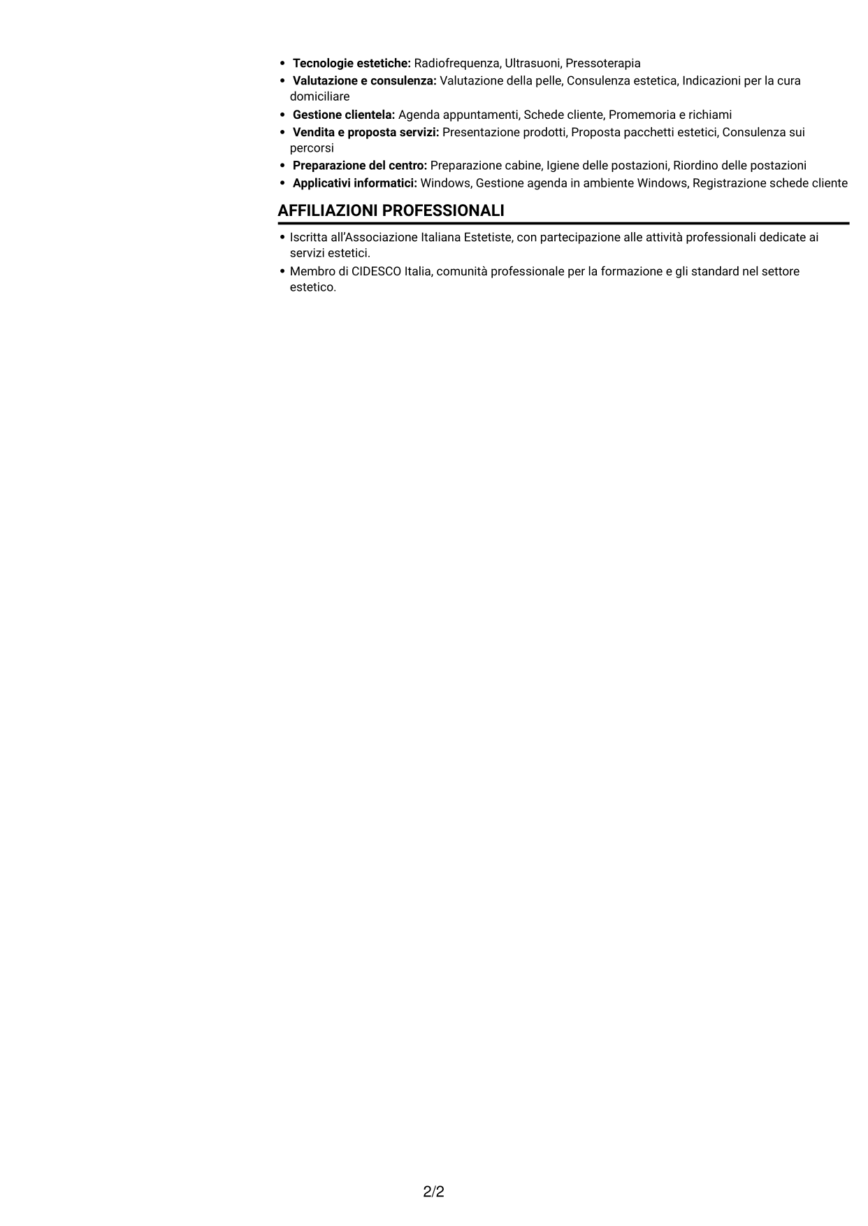 CV Compatto (formato sobrio a due colonne con foto): Estetista qualificata - Trattamenti viso e corpo, pagina 2