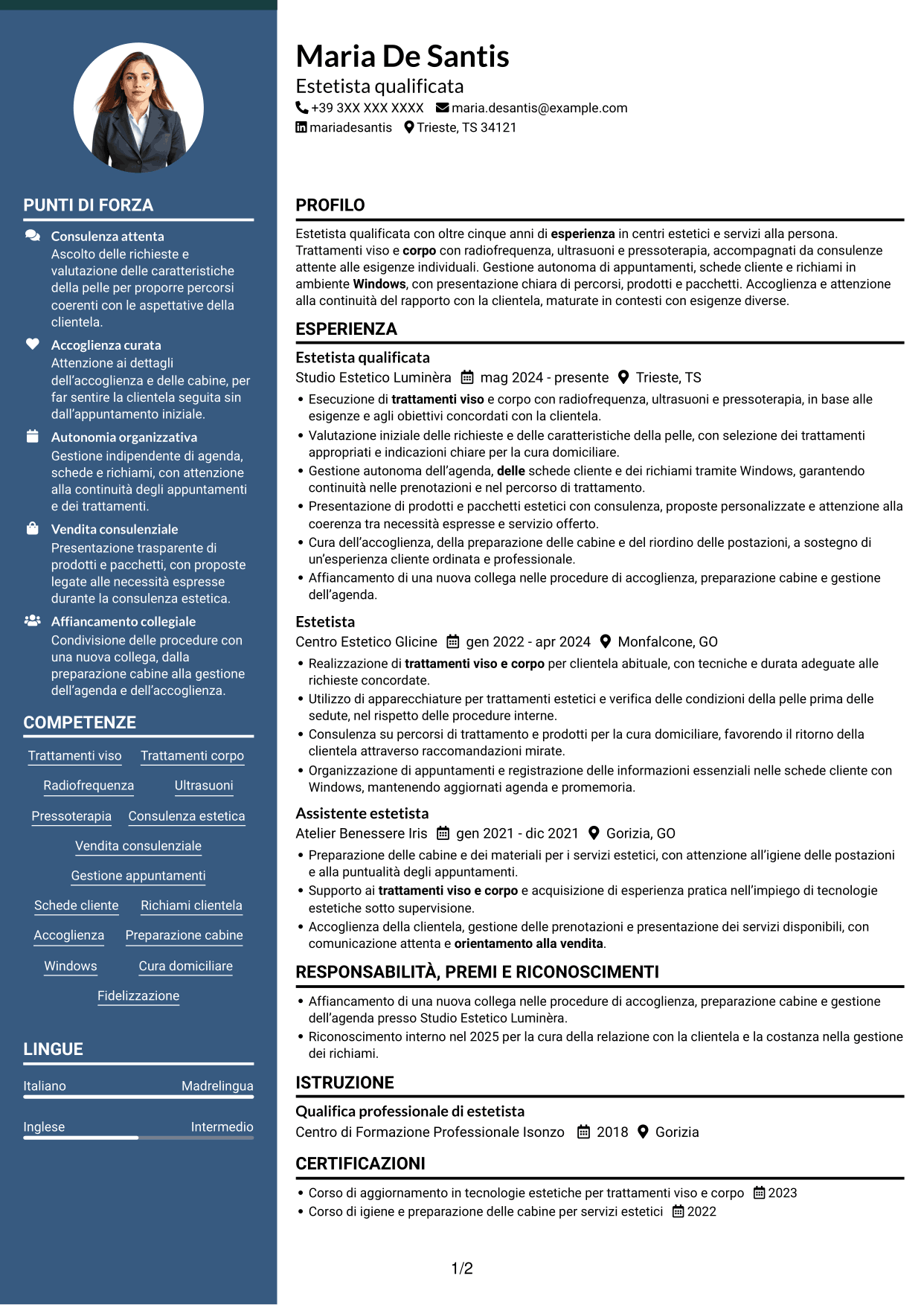 CV Elegante (formato con colonna laterale colorata e foto): Estetista qualificata - Trattamenti viso e corpo, pagina 1