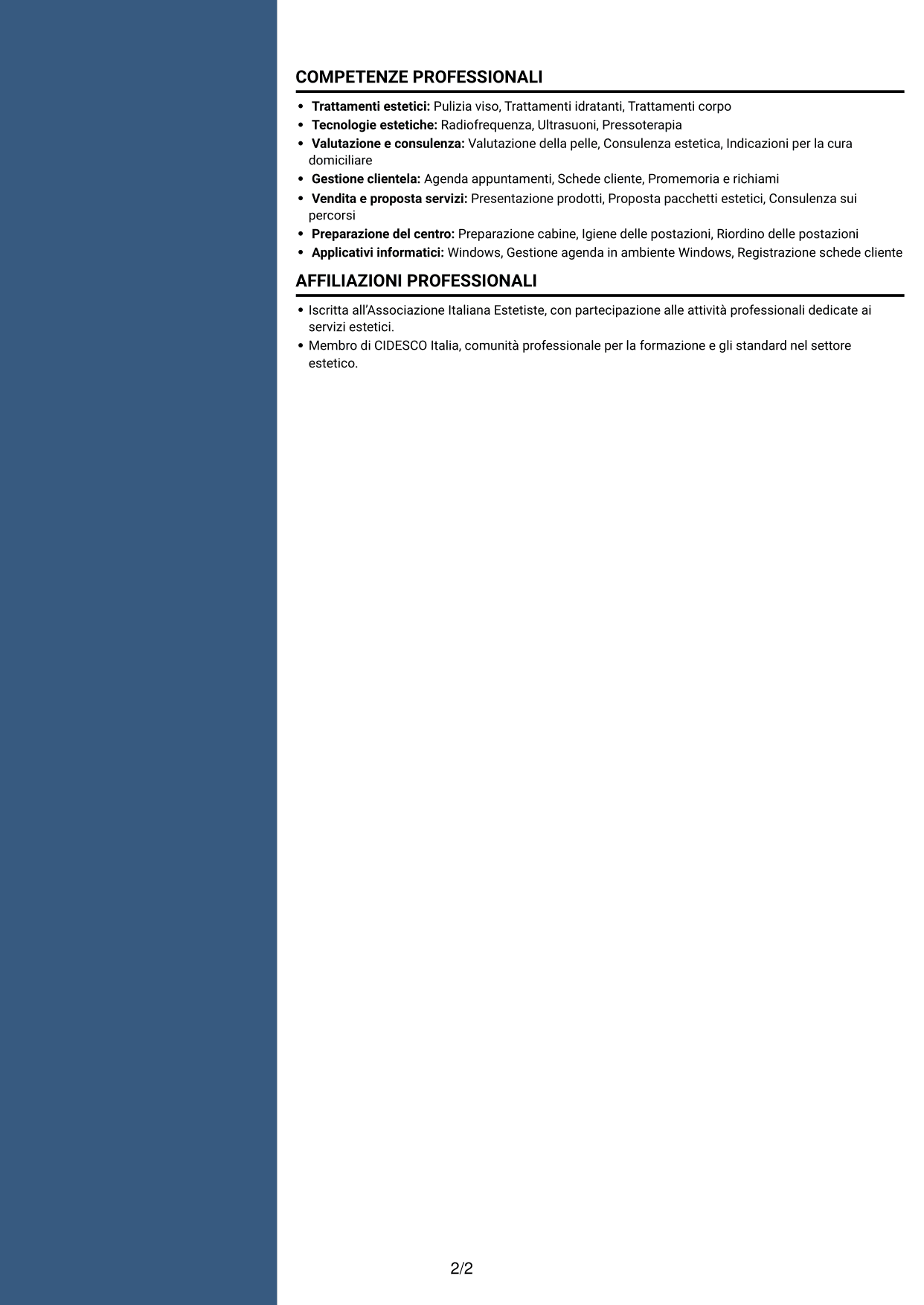 CV Elegante (formato con colonna laterale colorata e foto): Estetista qualificata - Trattamenti viso e corpo, pagina 2