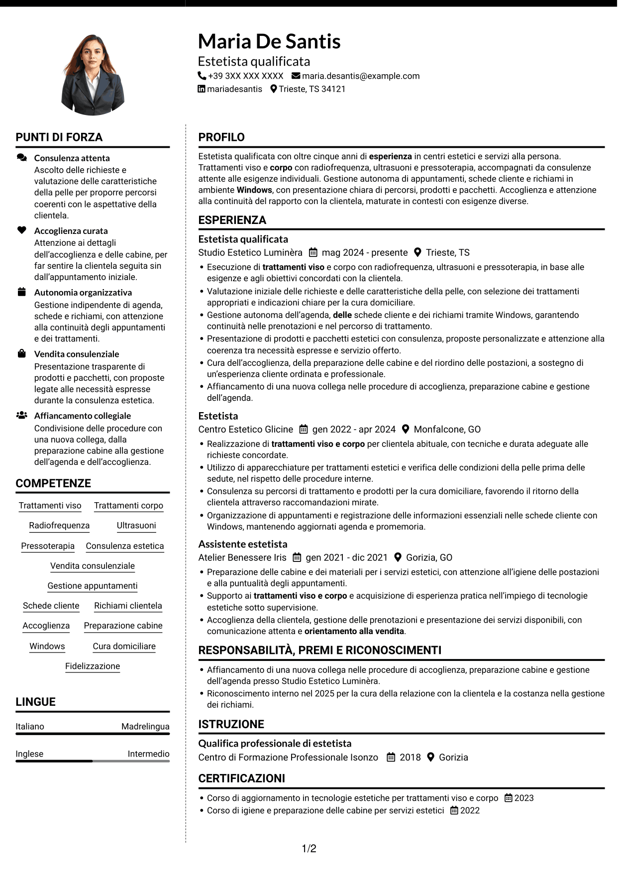 CV Moderno (formato a due colonne con foto a sinistra e separatore): Estetista qualificata - Trattamenti viso e corpo, pagina 1