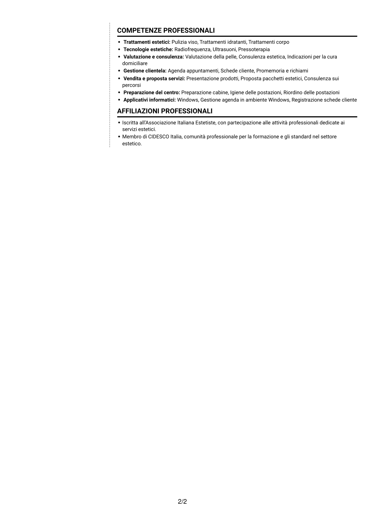 CV Moderno (formato a due colonne con foto a sinistra e separatore): Estetista qualificata - Trattamenti viso e corpo, pagina 2