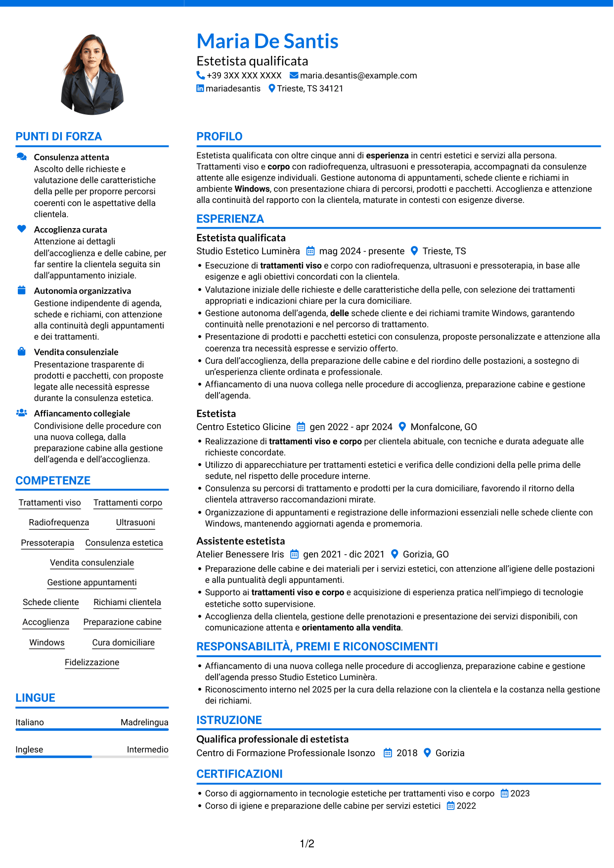 CV Audace (formato a due colonne con accenti colorati e foto): Estetista qualificata - Trattamenti viso e corpo, pagina 1