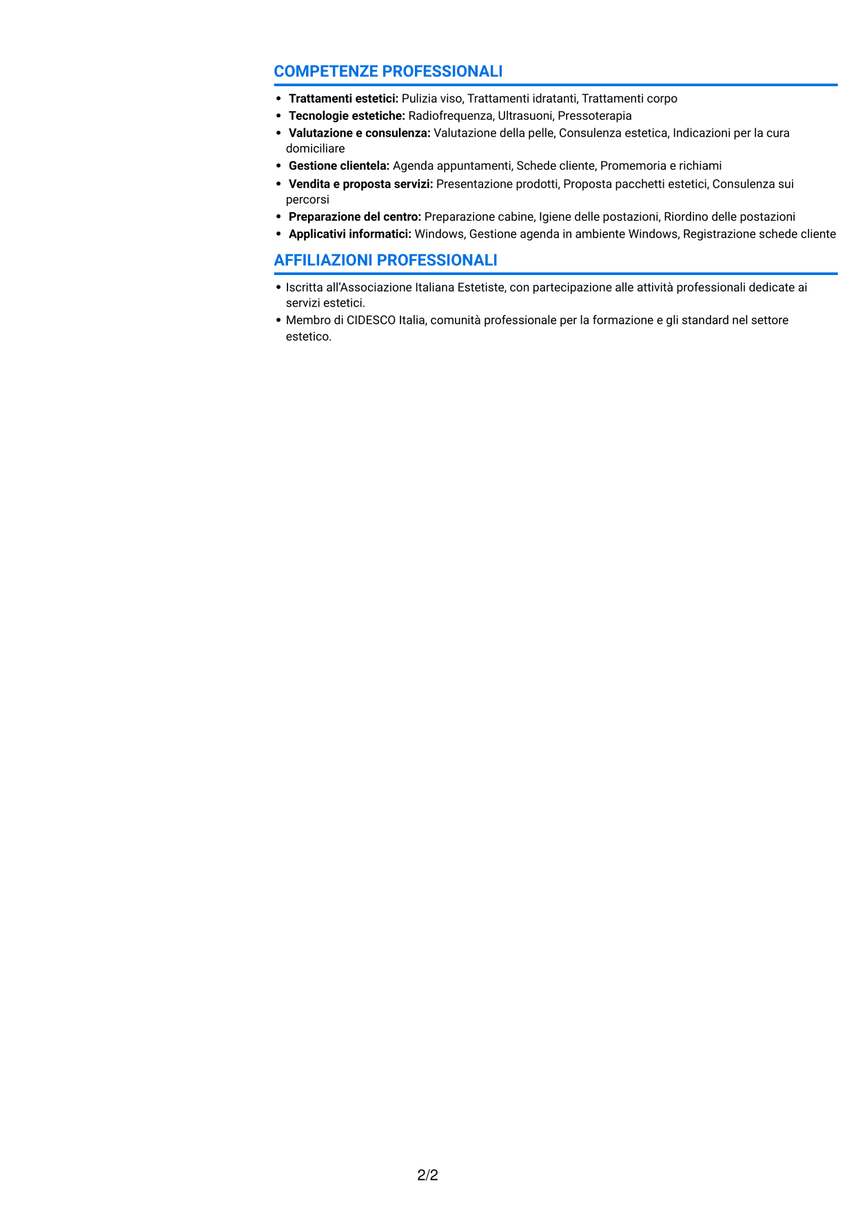 CV Audace (formato a due colonne con accenti colorati e foto): Estetista qualificata - Trattamenti viso e corpo, pagina 2