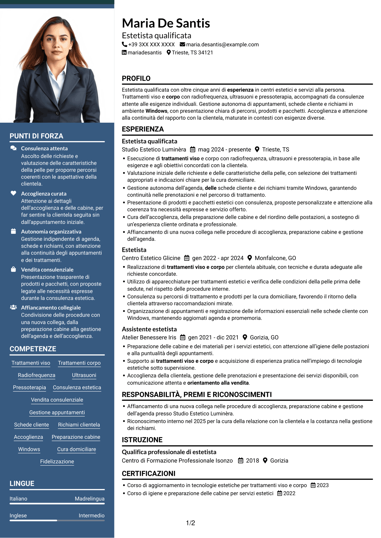 CV Signature (formato con colonna laterale colorata e foto grande): Estetista qualificata - Trattamenti viso e corpo, pagina 1