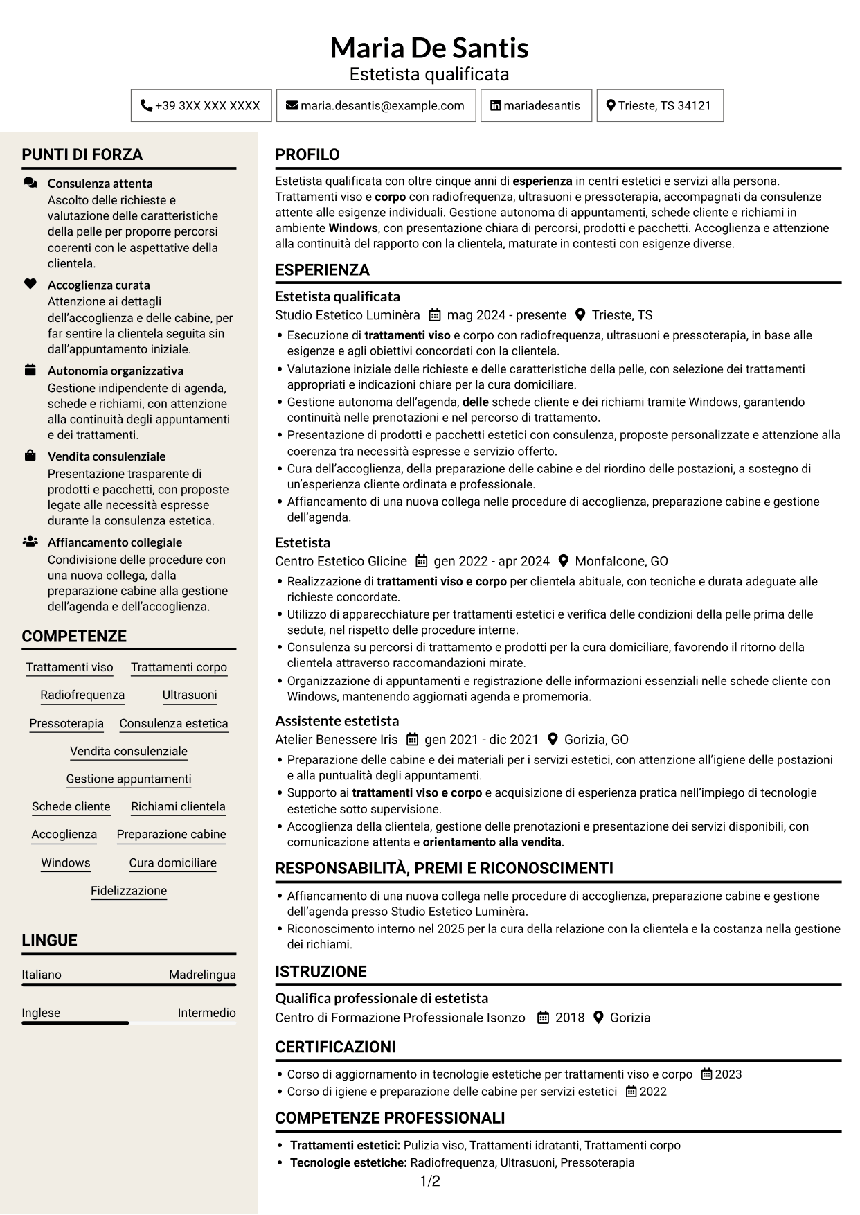 CV Intraprendente (formato a due colonne con intestazione centrata senza foto): Estetista qualificata - Trattamenti viso e corpo, pagina 1