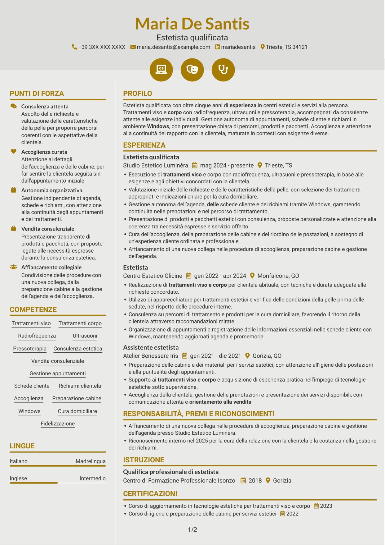 CV Dinamico (formato a due colonne con icone): Estetista qualificata - Trattamenti viso e corpo, pagina 1