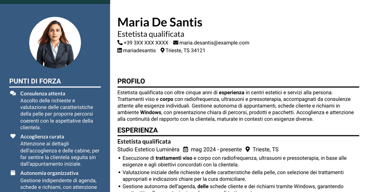 7 modelli di CV per Estetista qualificata - Trattamenti viso e corpo, con esempi