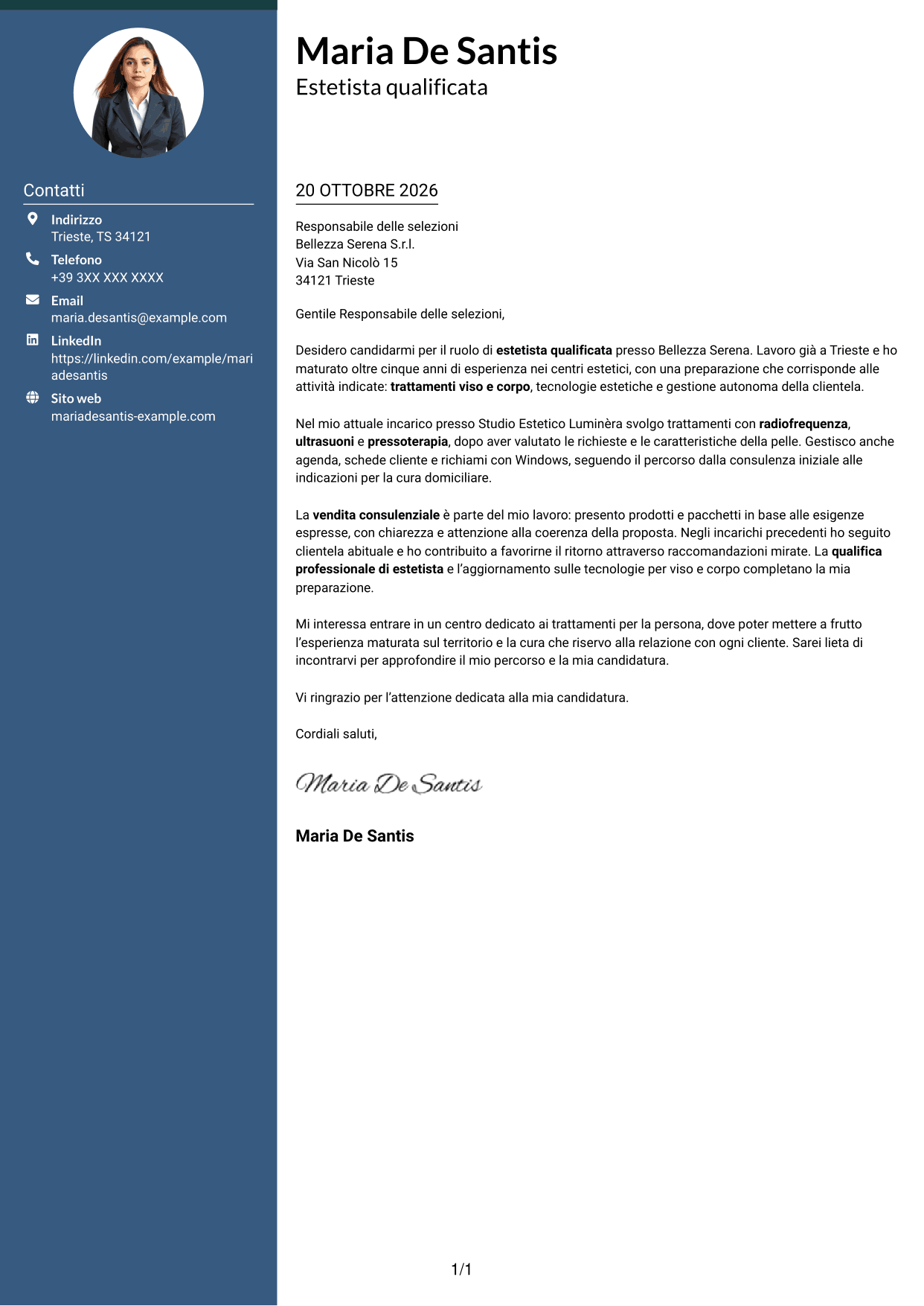 Lettera di presentazione Elegante (formato con colonna laterale colorata e foto): Estetista qualificata - Trattamenti viso e corpo, pagina 1