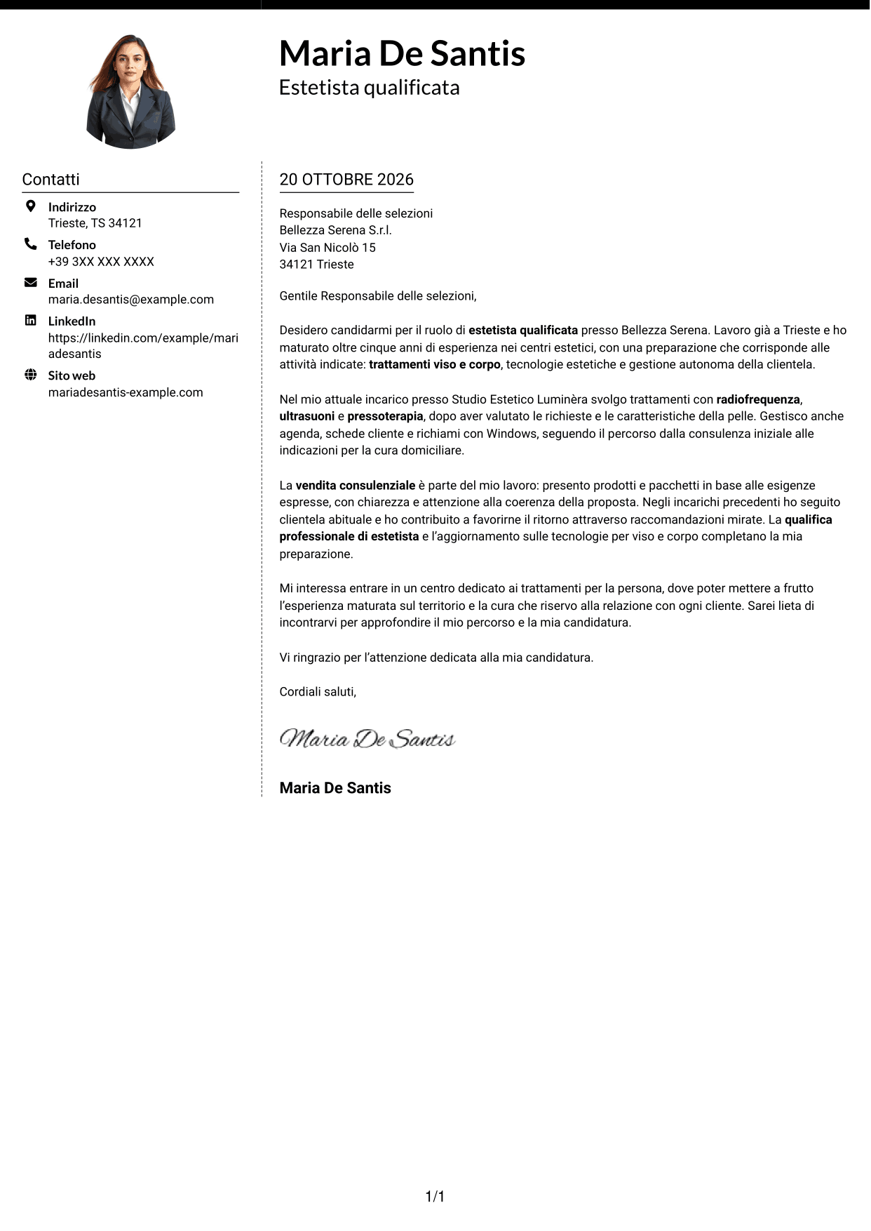 Lettera di presentazione Moderno (formato a due colonne con foto a sinistra e separatore): Estetista qualificata - Trattamenti viso e corpo, pagina 1