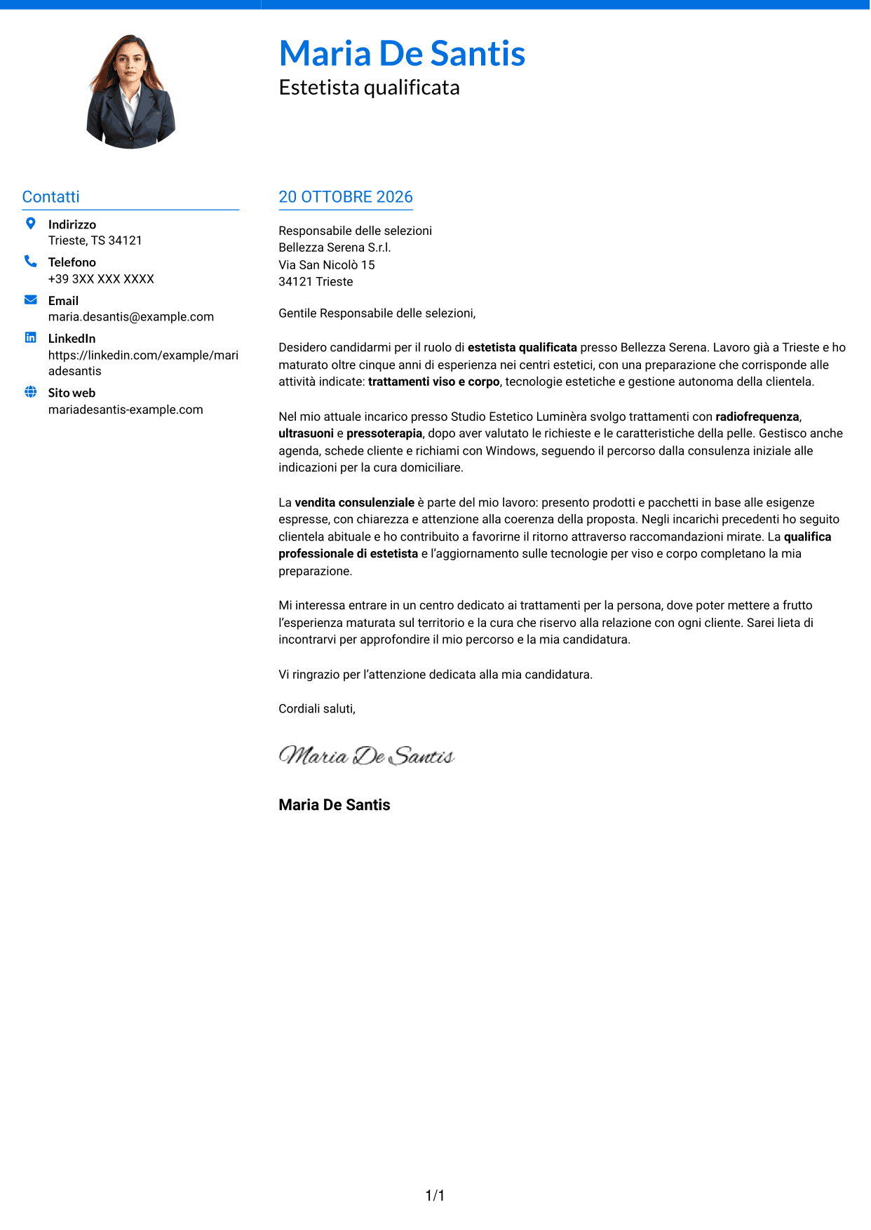 Lettera di presentazione Audace (formato a due colonne con accenti colorati e foto): Estetista qualificata - Trattamenti viso e corpo, pagina 1
