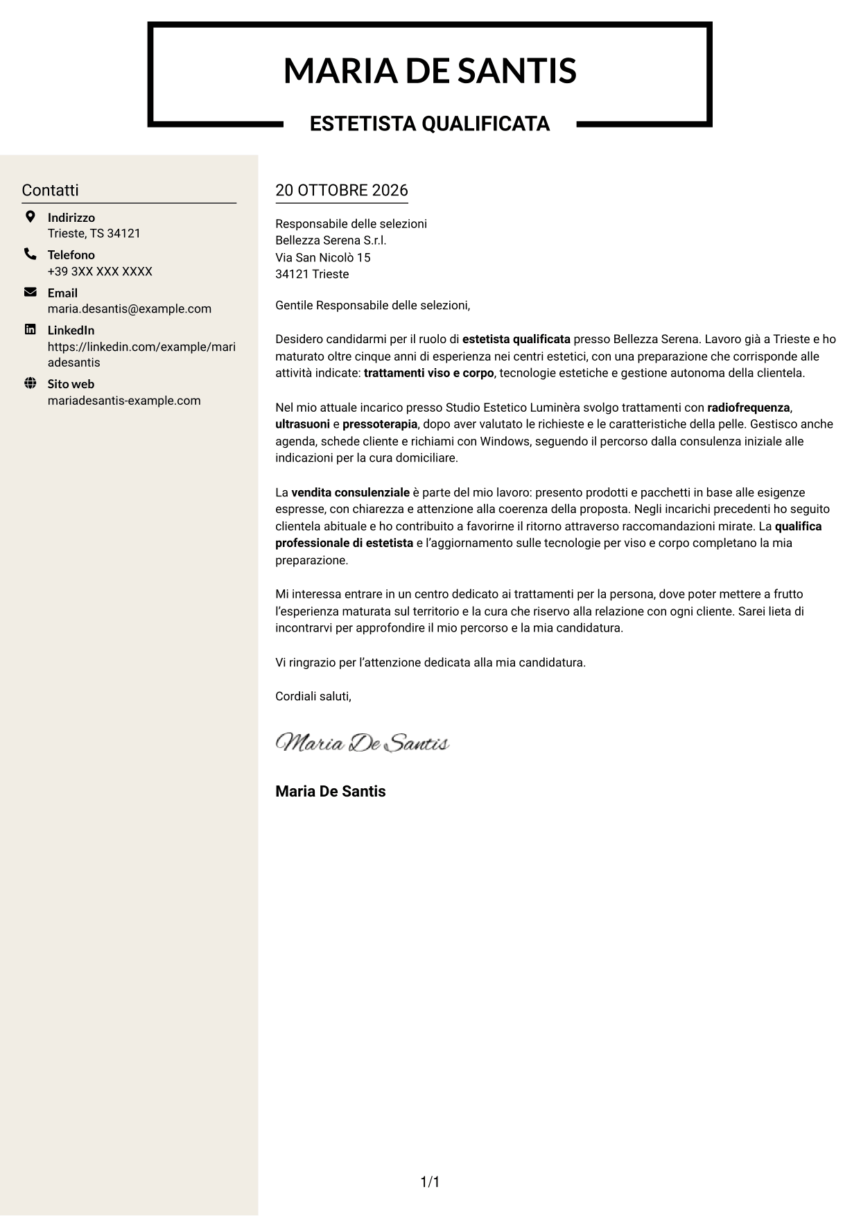Lettera di presentazione Intraprendente (formato a due colonne con intestazione centrata senza foto): Estetista qualificata - Trattamenti viso e corpo, pagina 1