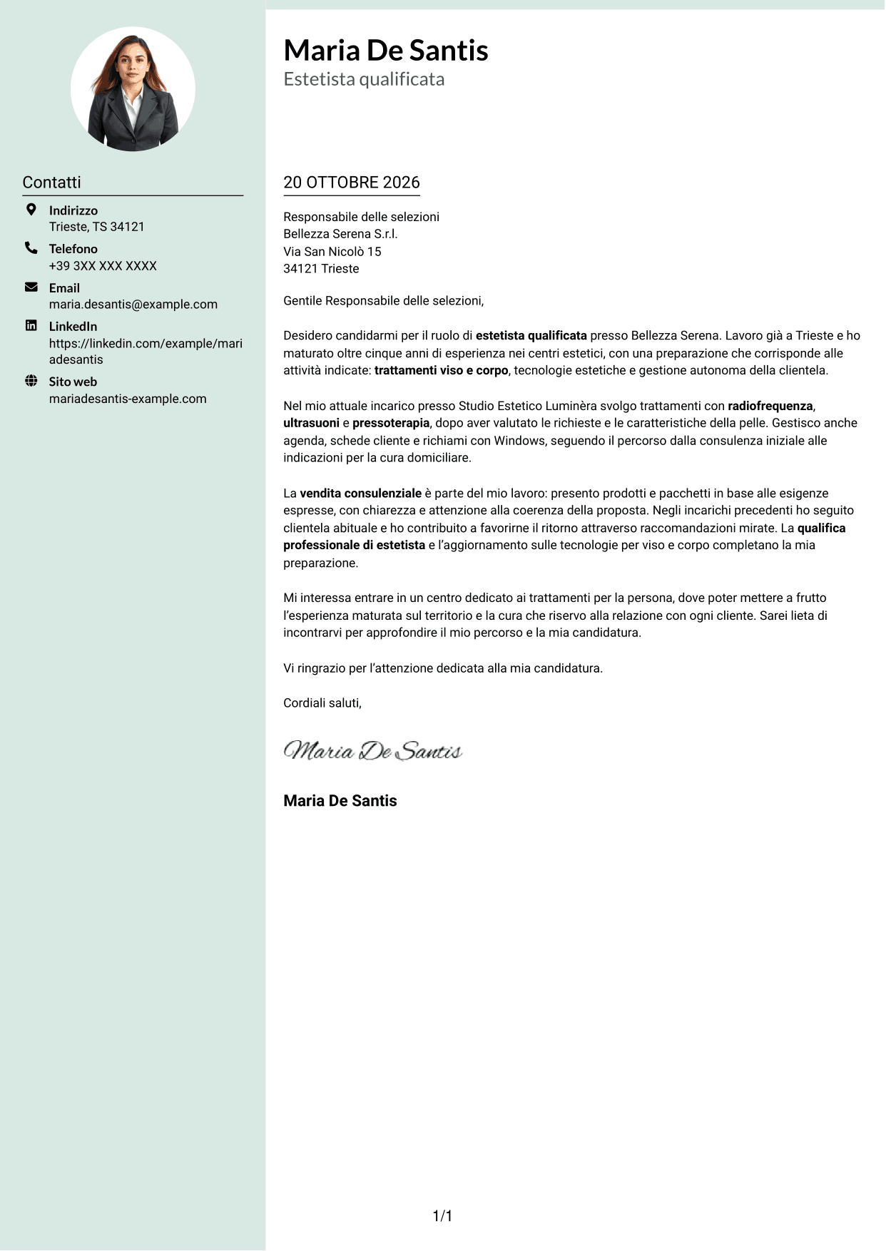 Lettera di presentazione Dirigente (formato con colonna laterale tenue e foto arrotondata): Estetista qualificata - Trattamenti viso e corpo, pagina 1
