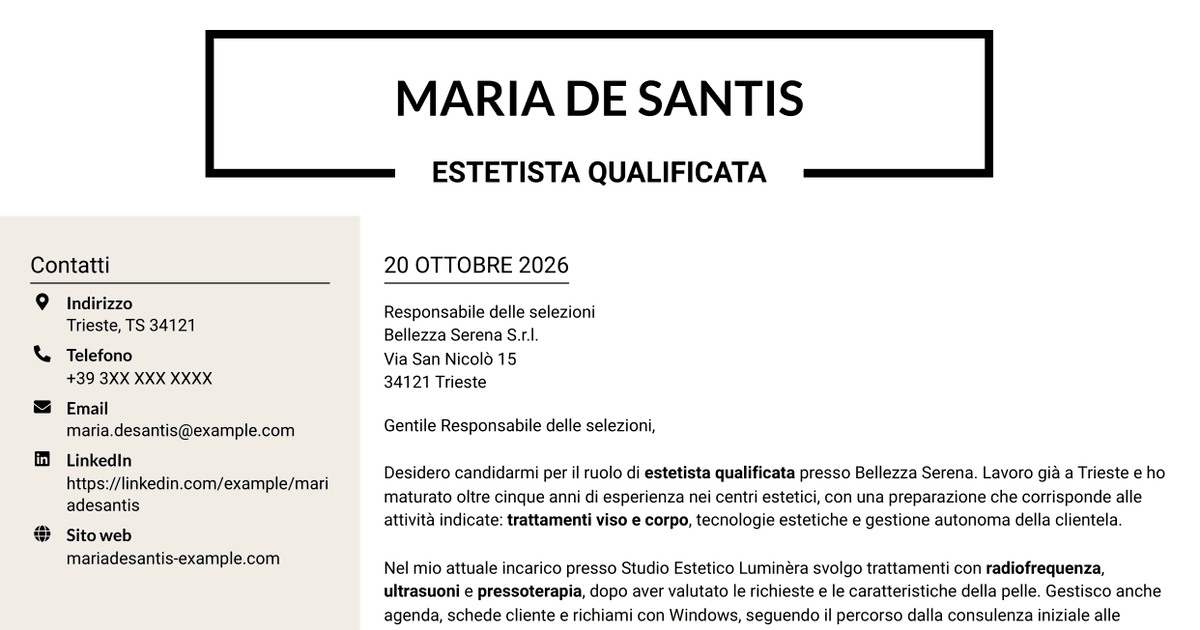 7 modelli di lettera di presentazione per Estetista qualificata - Trattamenti viso e corpo, con esempi