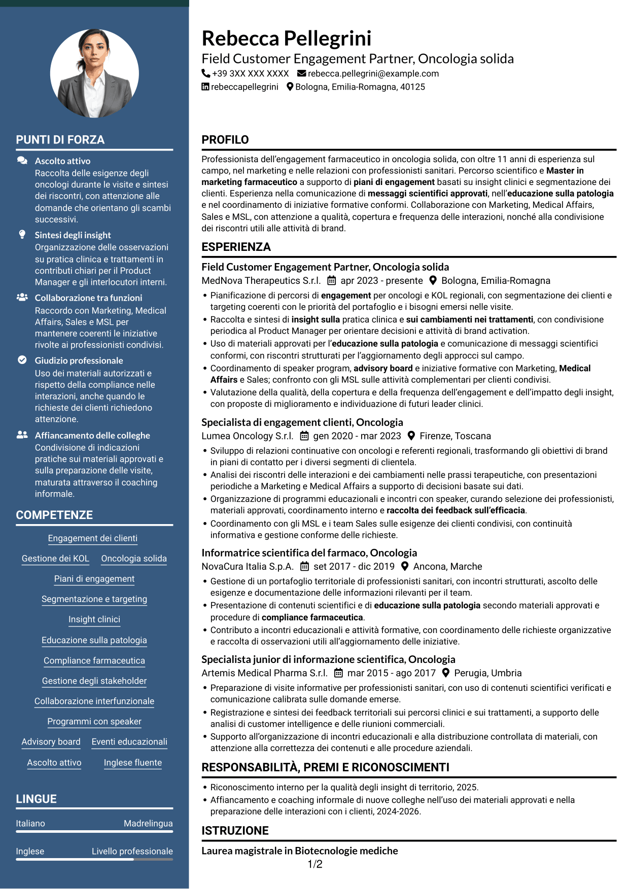 CV Elegante (formato con colonna laterale colorata e foto): Field Customer Engagement Partner - Oncologia solida, pagina 1