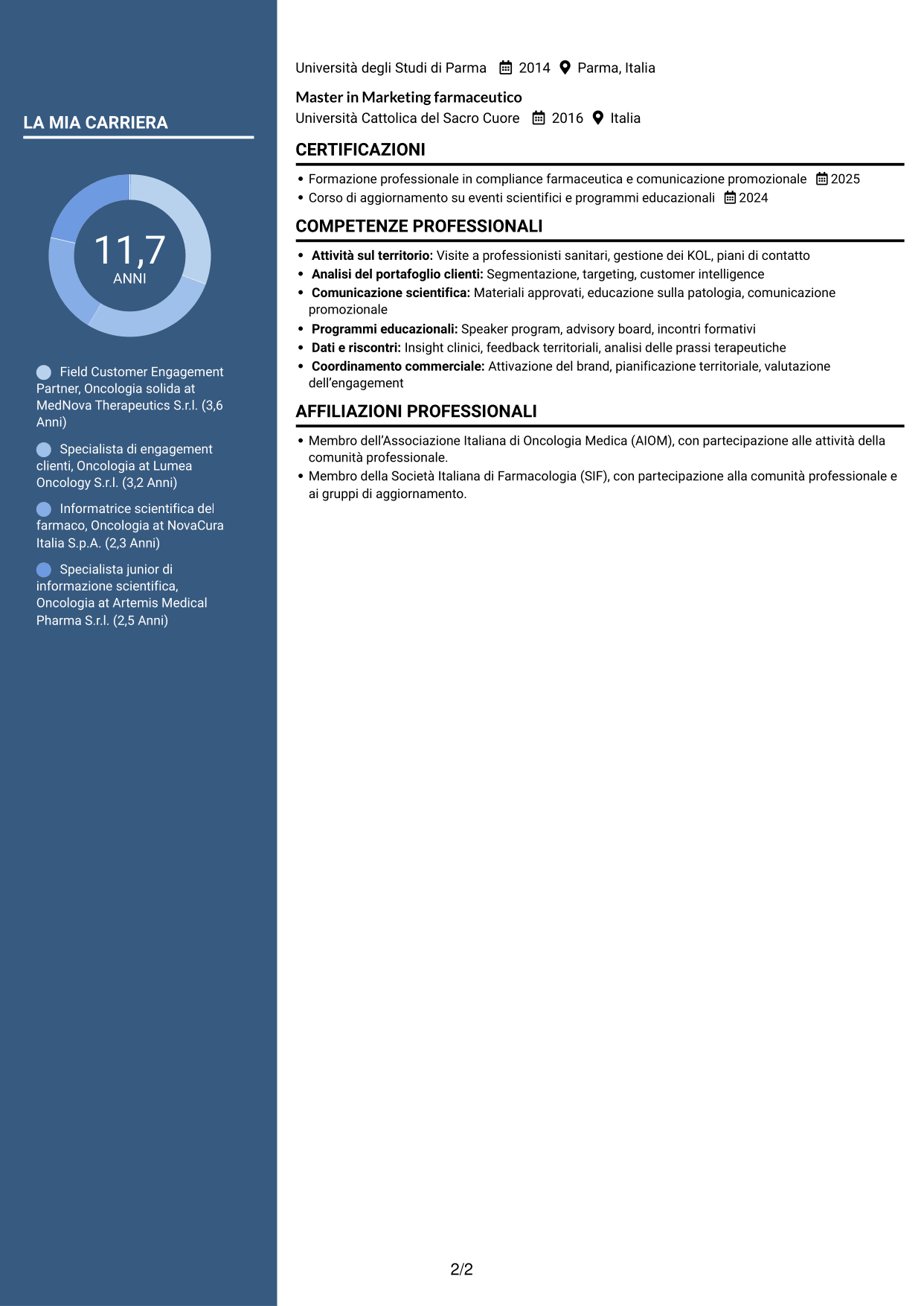 CV Elegante (formato con colonna laterale colorata e foto): Field Customer Engagement Partner - Oncologia solida, pagina 2