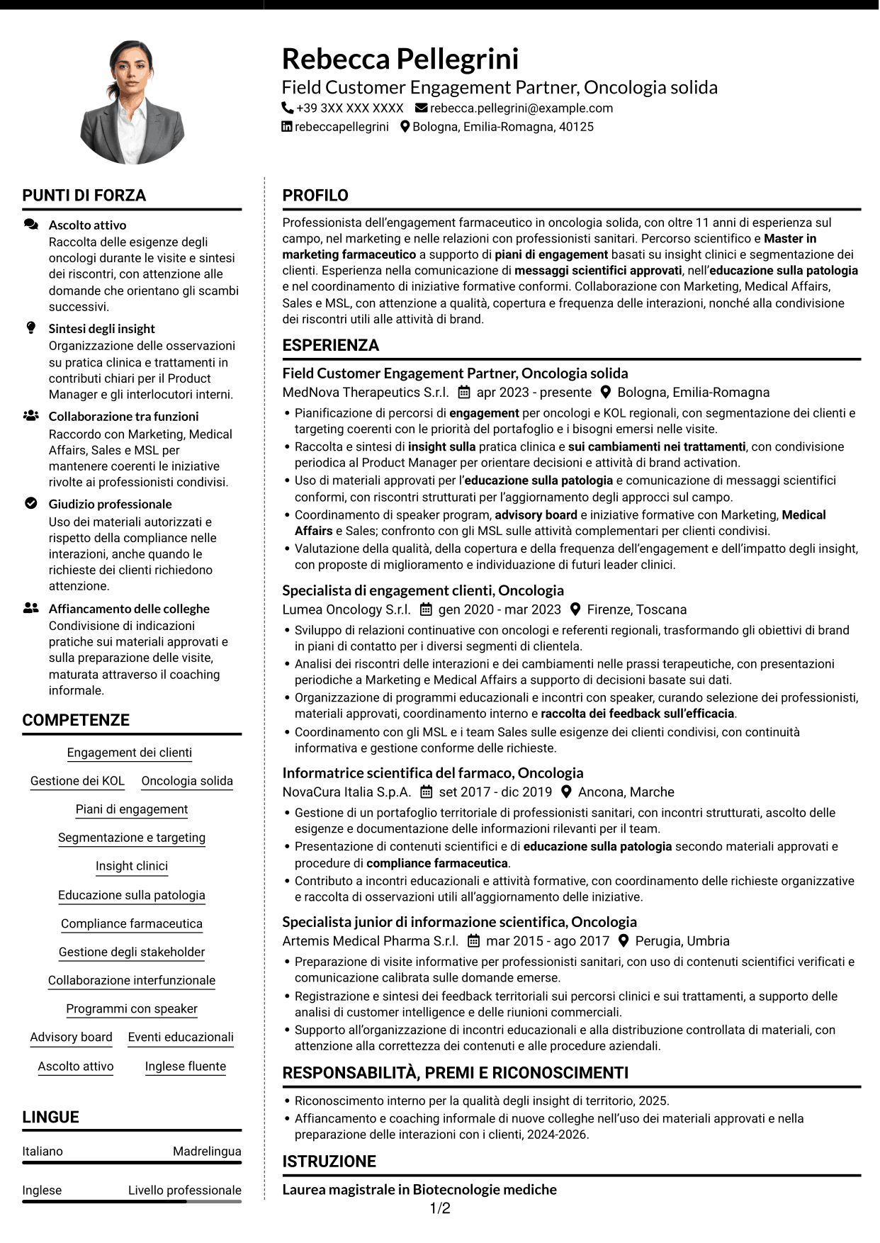 CV Moderno (formato a due colonne con foto a sinistra e separatore): Field Customer Engagement Partner - Oncologia solida, pagina 1