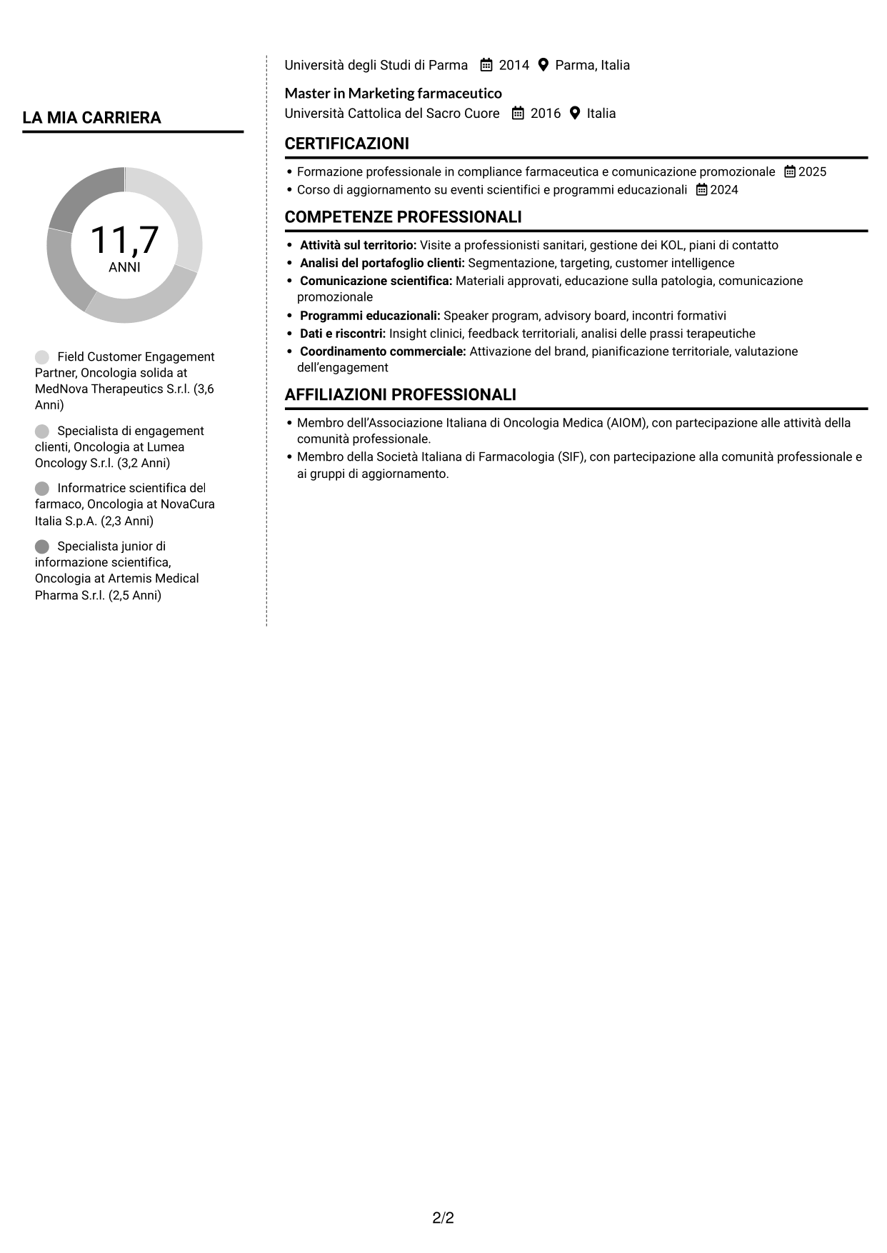 CV Moderno (formato a due colonne con foto a sinistra e separatore): Field Customer Engagement Partner - Oncologia solida, pagina 2