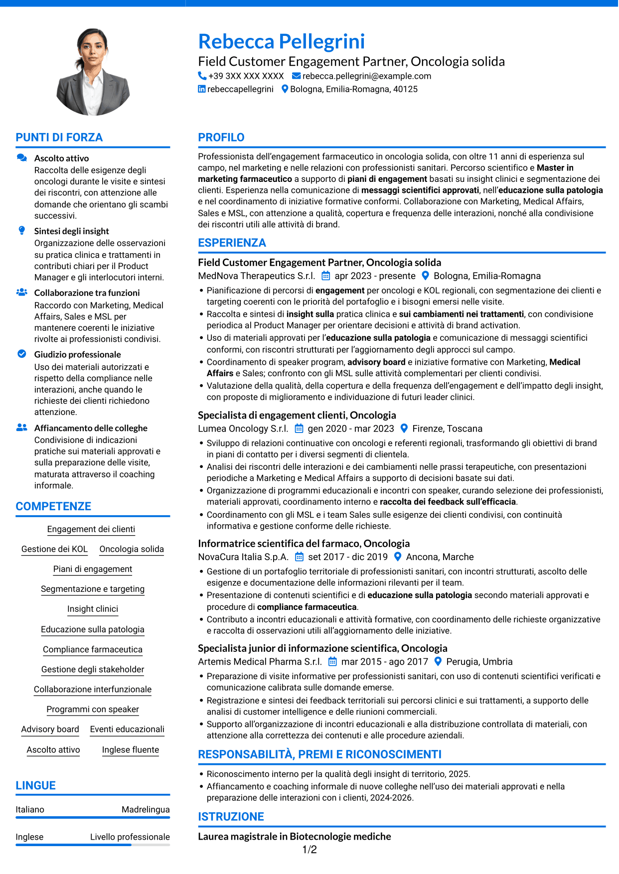 CV Audace (formato a due colonne con accenti colorati e foto): Field Customer Engagement Partner - Oncologia solida, pagina 1