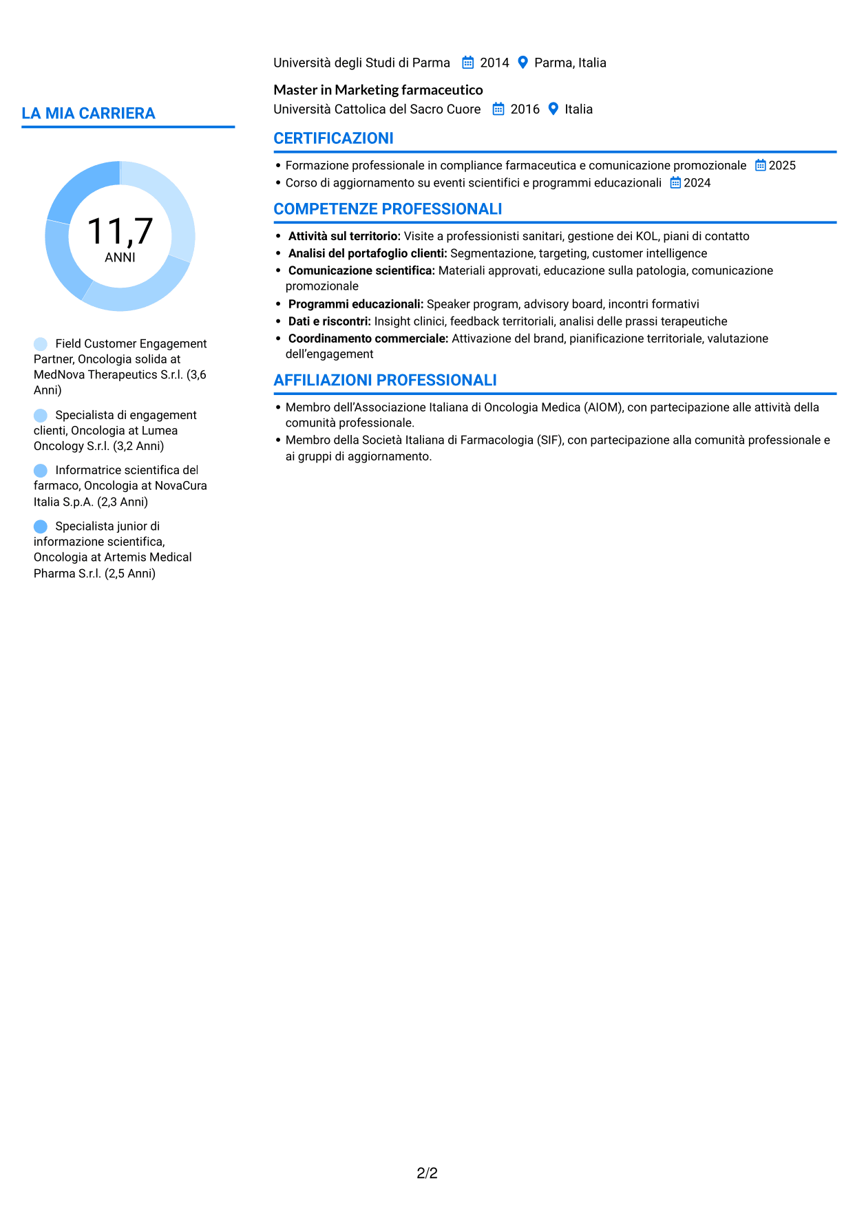 CV Audace (formato a due colonne con accenti colorati e foto): Field Customer Engagement Partner - Oncologia solida, pagina 2