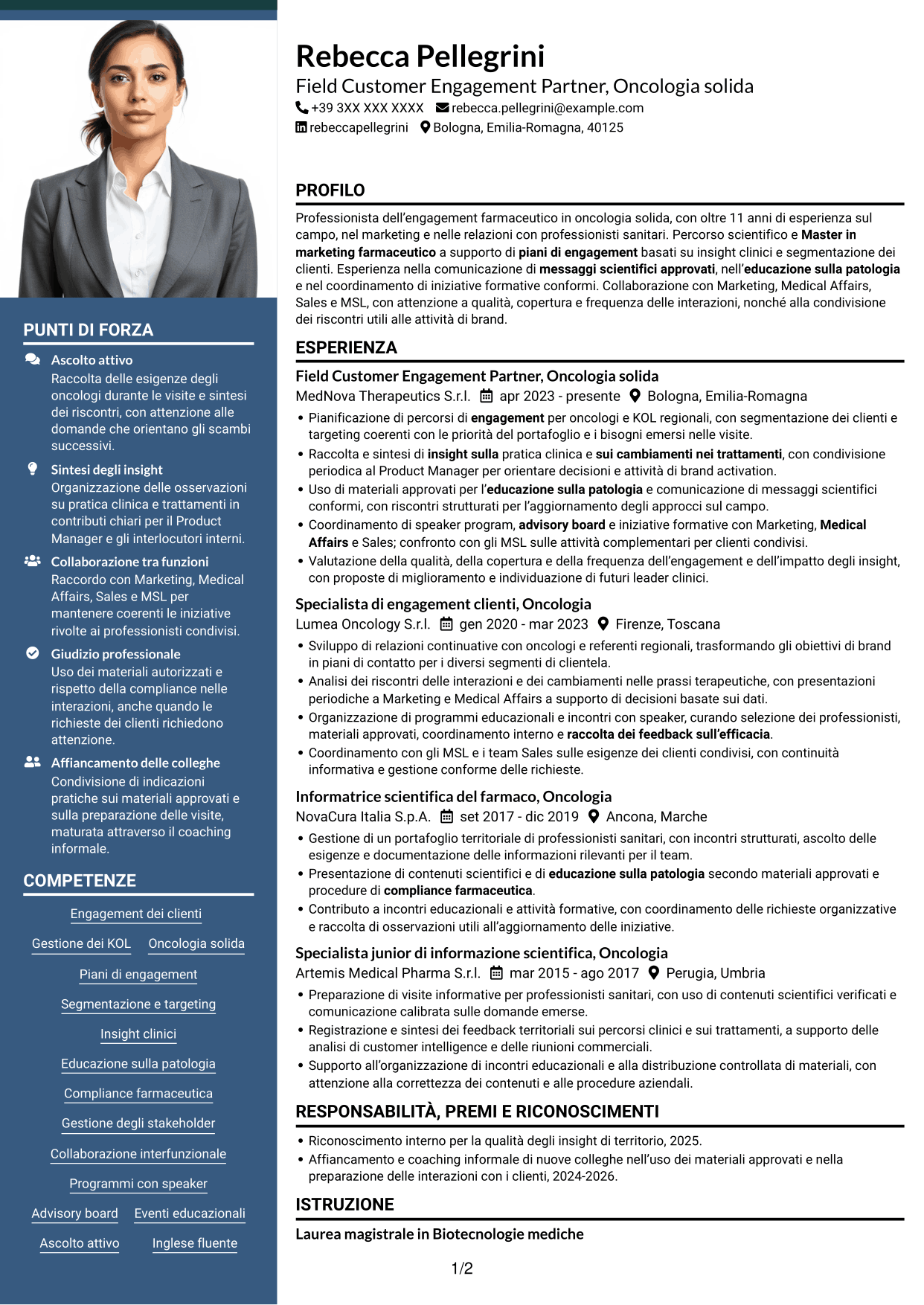 CV Signature (formato con colonna laterale colorata e foto grande): Field Customer Engagement Partner - Oncologia solida, pagina 1