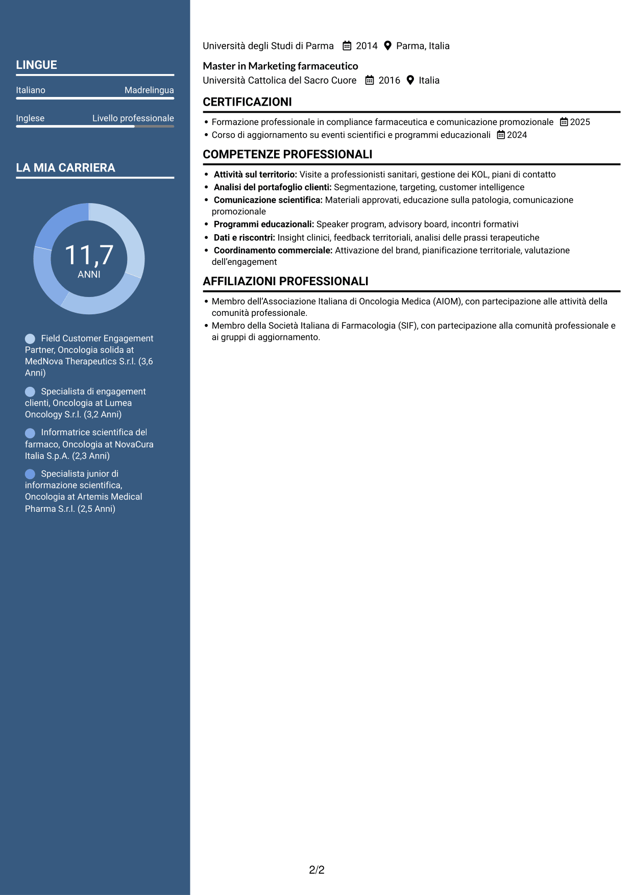 CV Signature (formato con colonna laterale colorata e foto grande): Field Customer Engagement Partner - Oncologia solida, pagina 2