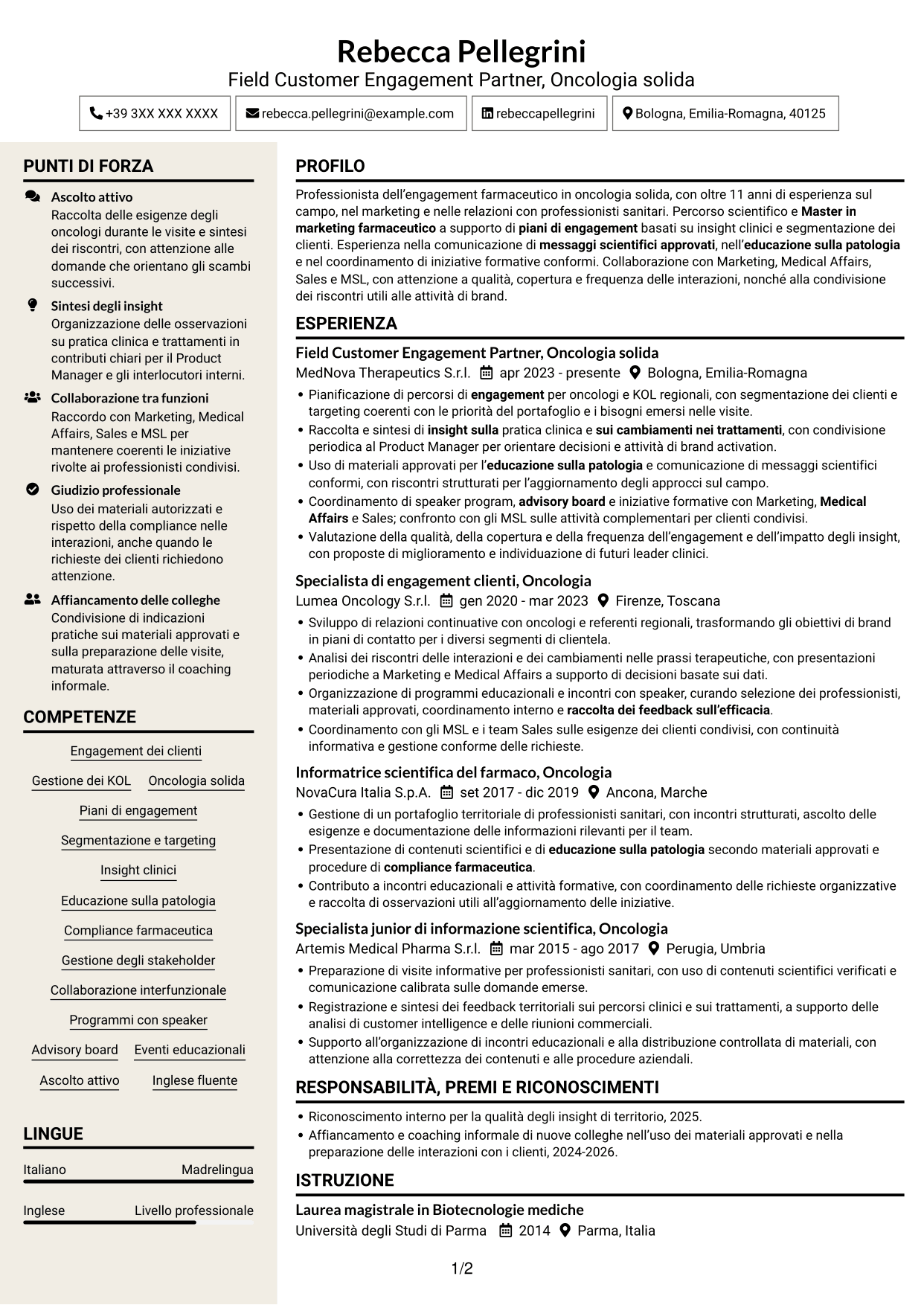 CV Intraprendente (formato a due colonne con intestazione centrata senza foto): Field Customer Engagement Partner - Oncologia solida, pagina 1