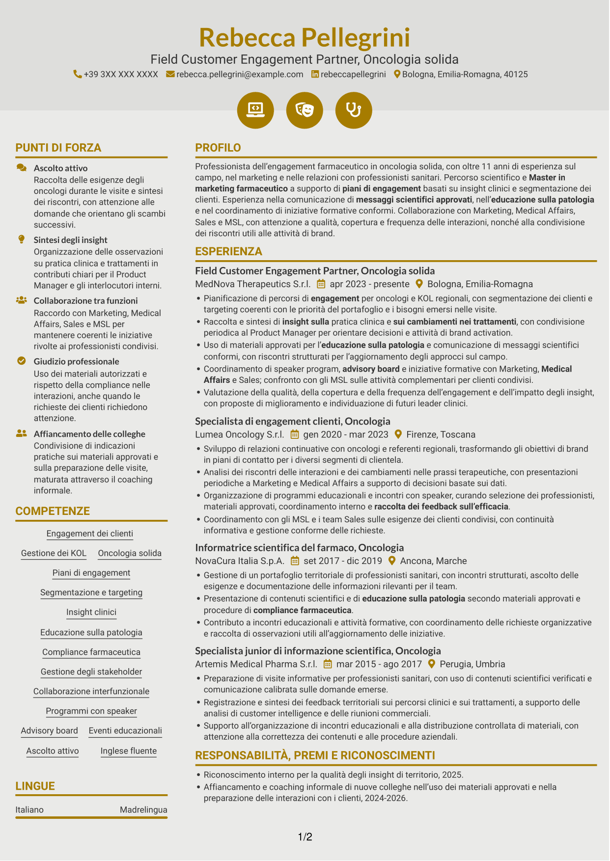 CV Dinamico (formato a due colonne con icone): Field Customer Engagement Partner - Oncologia solida, pagina 1