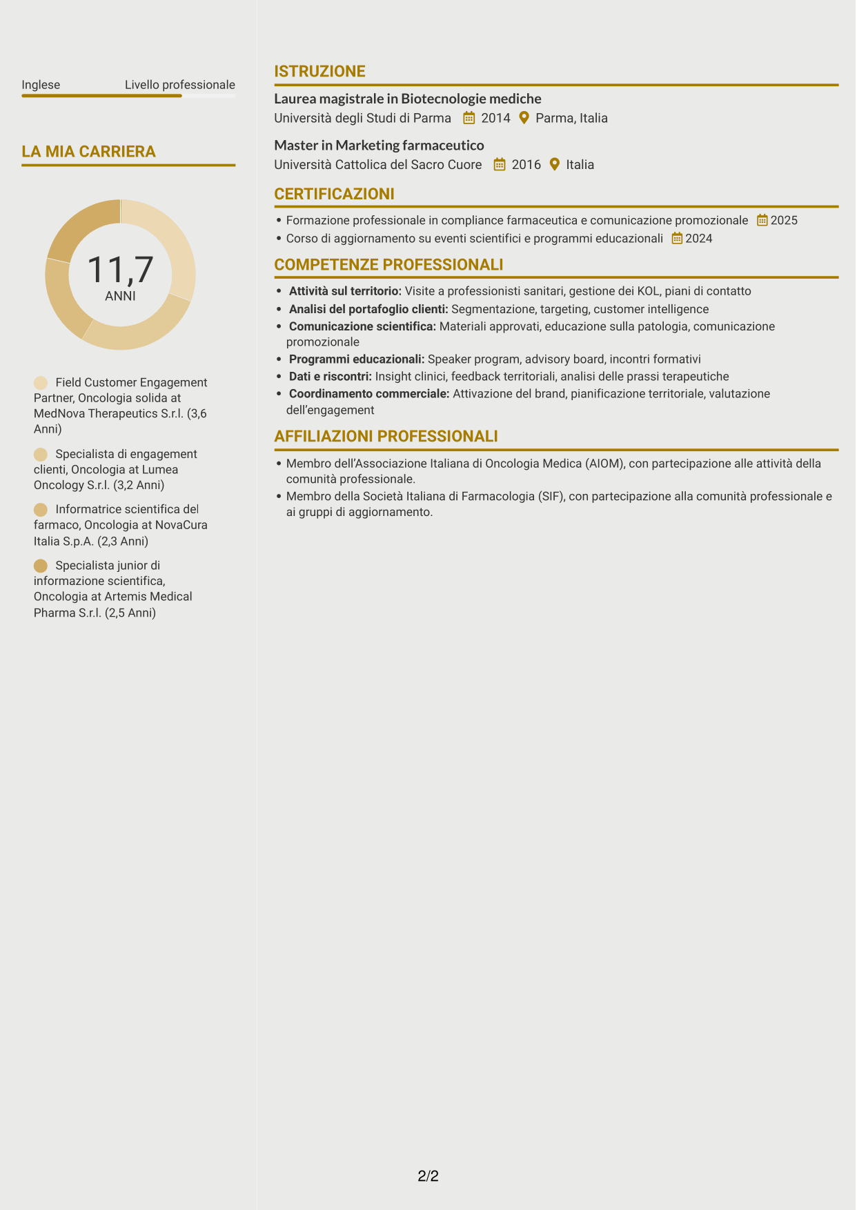 CV Dinamico (formato a due colonne con icone): Field Customer Engagement Partner - Oncologia solida, pagina 2