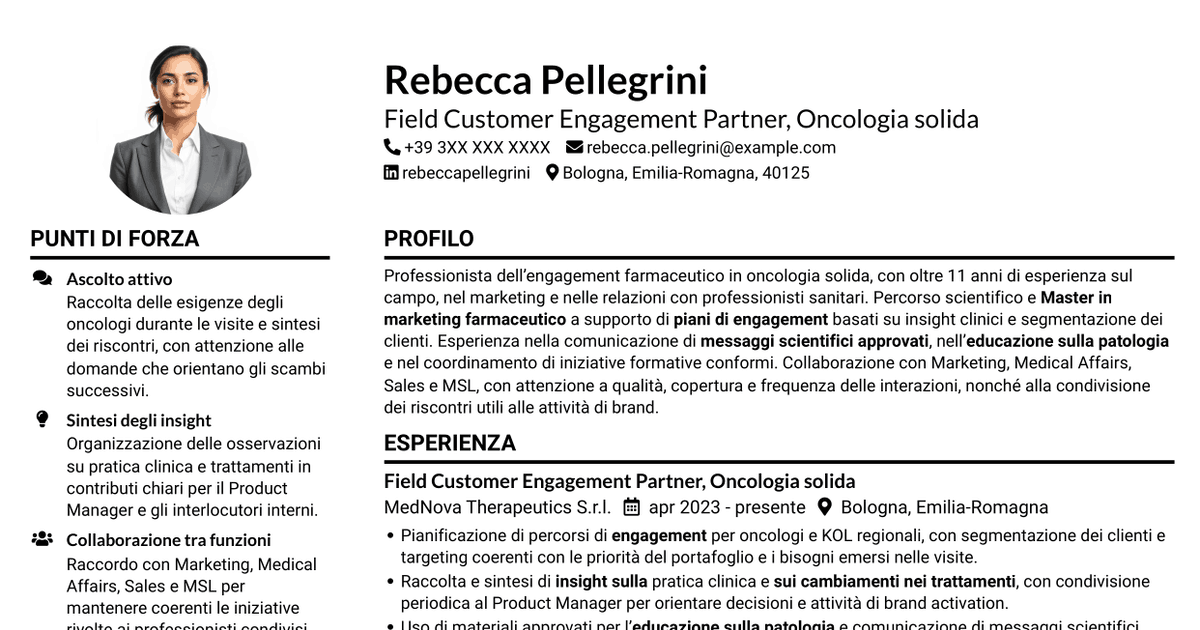 7 modelli di CV per Field Customer Engagement Partner - Oncologia solida, con esempi