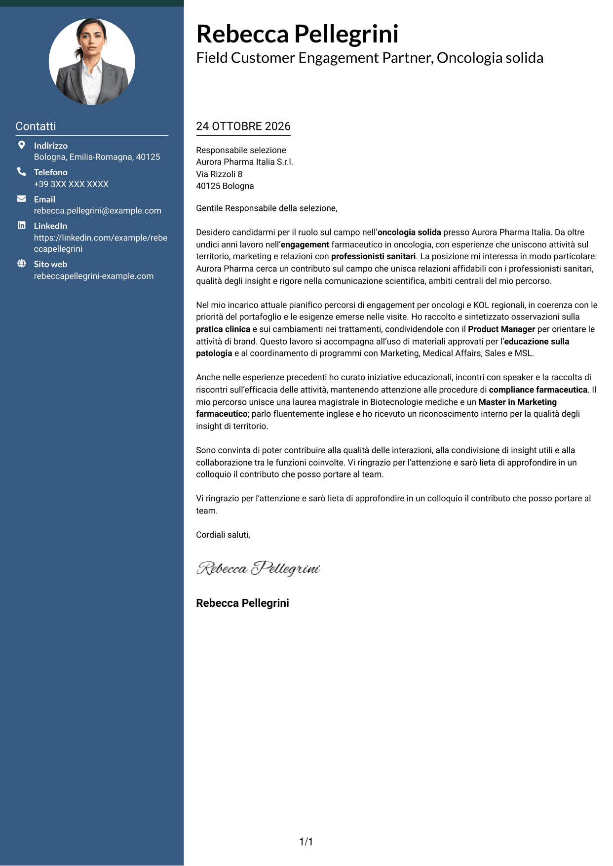 Lettera di presentazione Elegante (formato con colonna laterale colorata e foto): Field Customer Engagement Partner - Oncologia solida, pagina 1