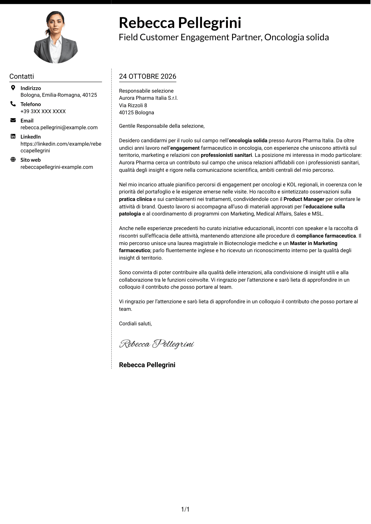 Lettera di presentazione Moderno (formato a due colonne con foto a sinistra e separatore): Field Customer Engagement Partner - Oncologia solida, pagina 1