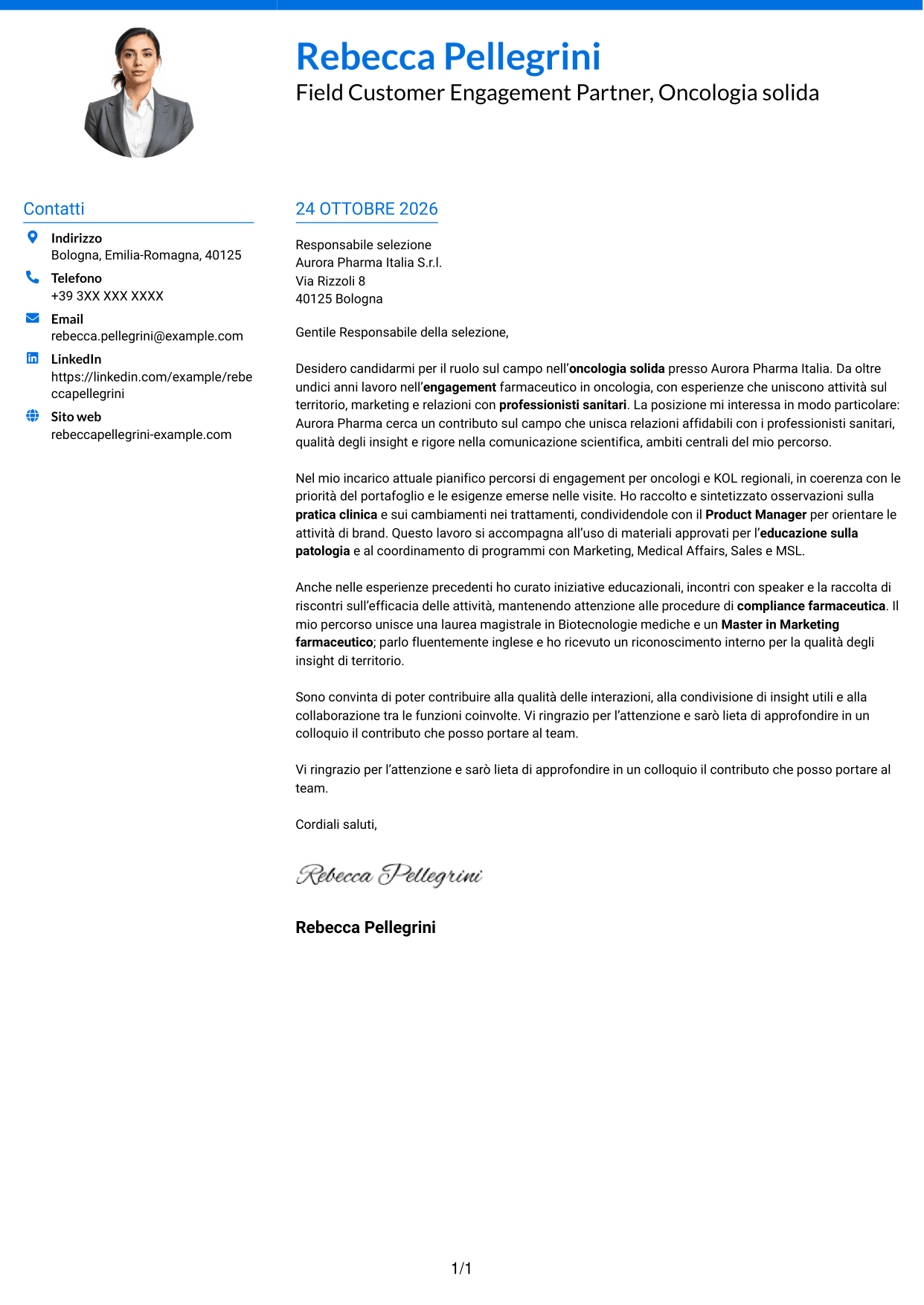 Lettera di presentazione Audace (formato a due colonne con accenti colorati e foto): Field Customer Engagement Partner - Oncologia solida, pagina 1