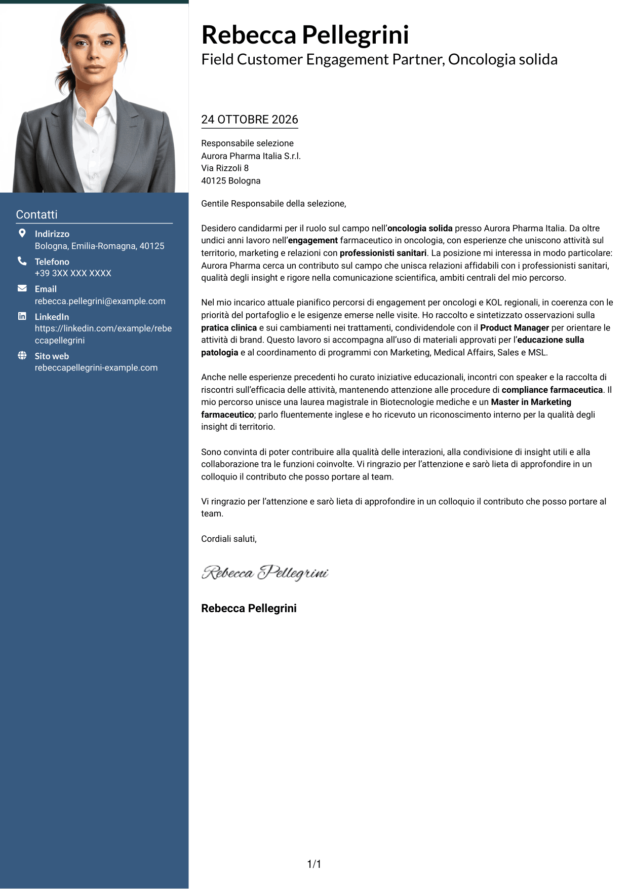 Lettera di presentazione Signature (formato con colonna laterale colorata e foto grande): Field Customer Engagement Partner - Oncologia solida, pagina 1