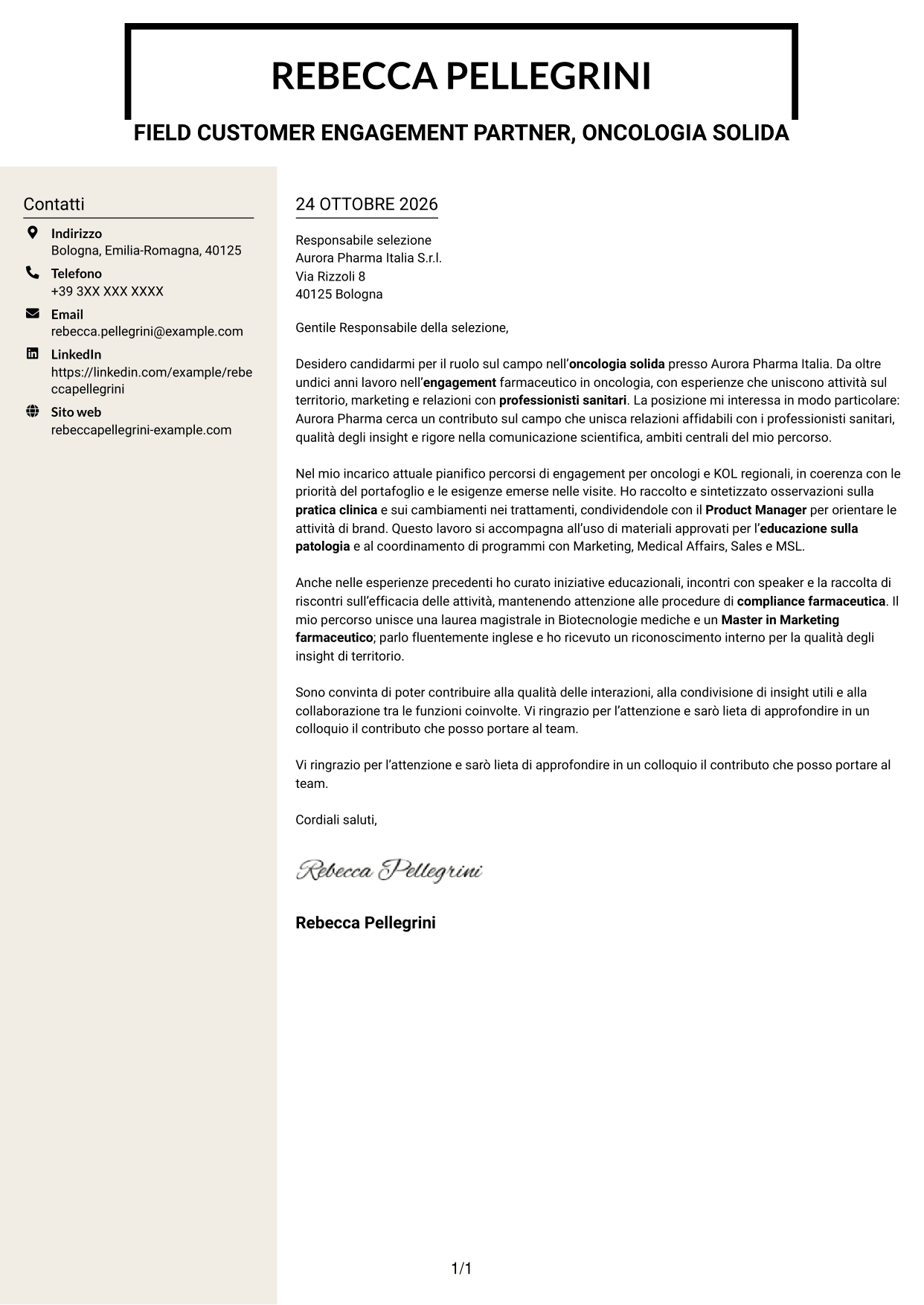 Lettera di presentazione Intraprendente (formato a due colonne con intestazione centrata senza foto): Field Customer Engagement Partner - Oncologia solida, pagina 1