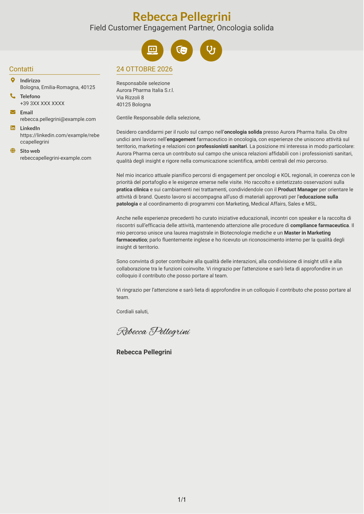 Lettera di presentazione Dinamico (formato a due colonne con icone): Field Customer Engagement Partner - Oncologia solida, pagina 1