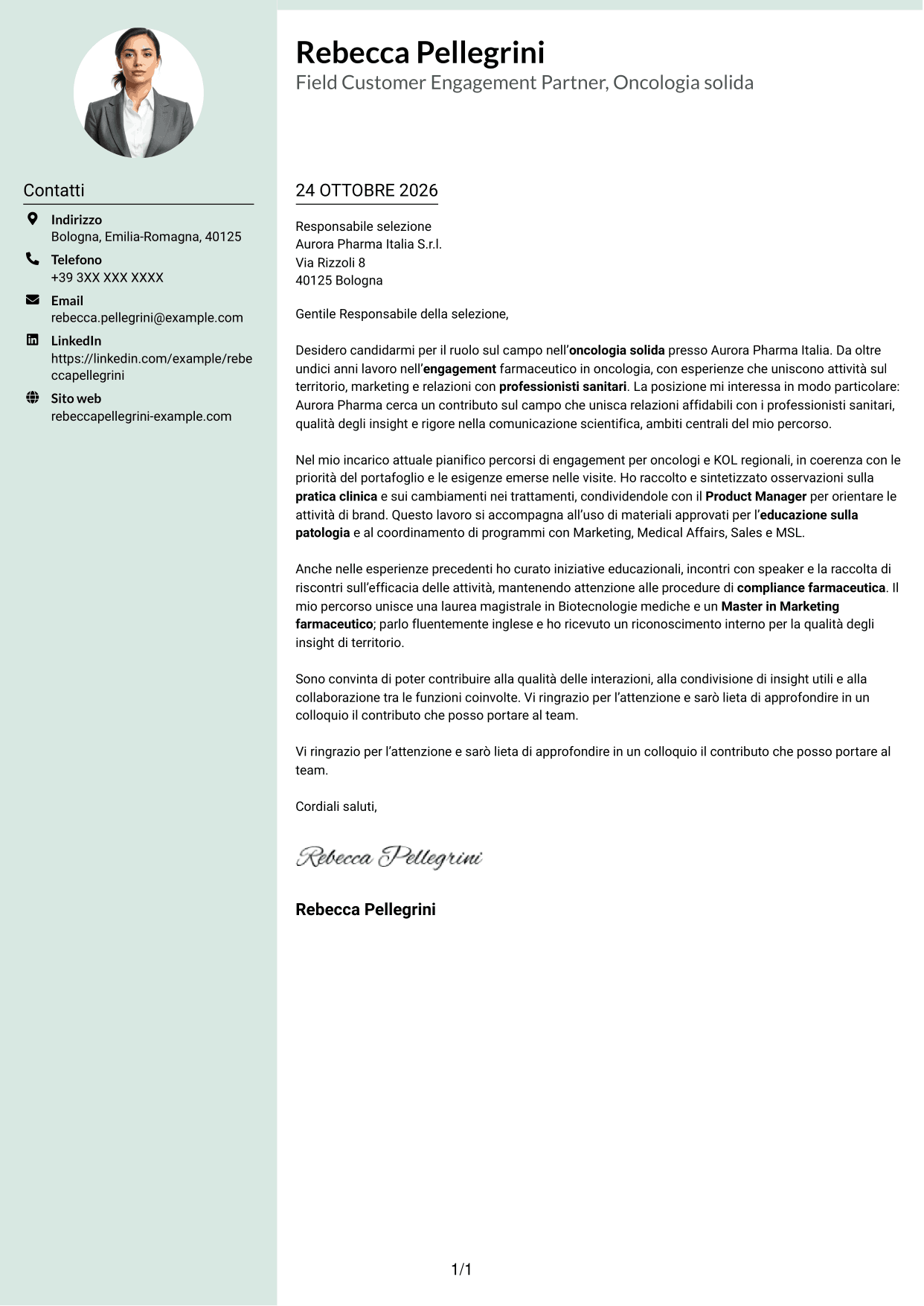 Lettera di presentazione Dirigente (formato con colonna laterale tenue e foto arrotondata): Field Customer Engagement Partner - Oncologia solida, pagina 1