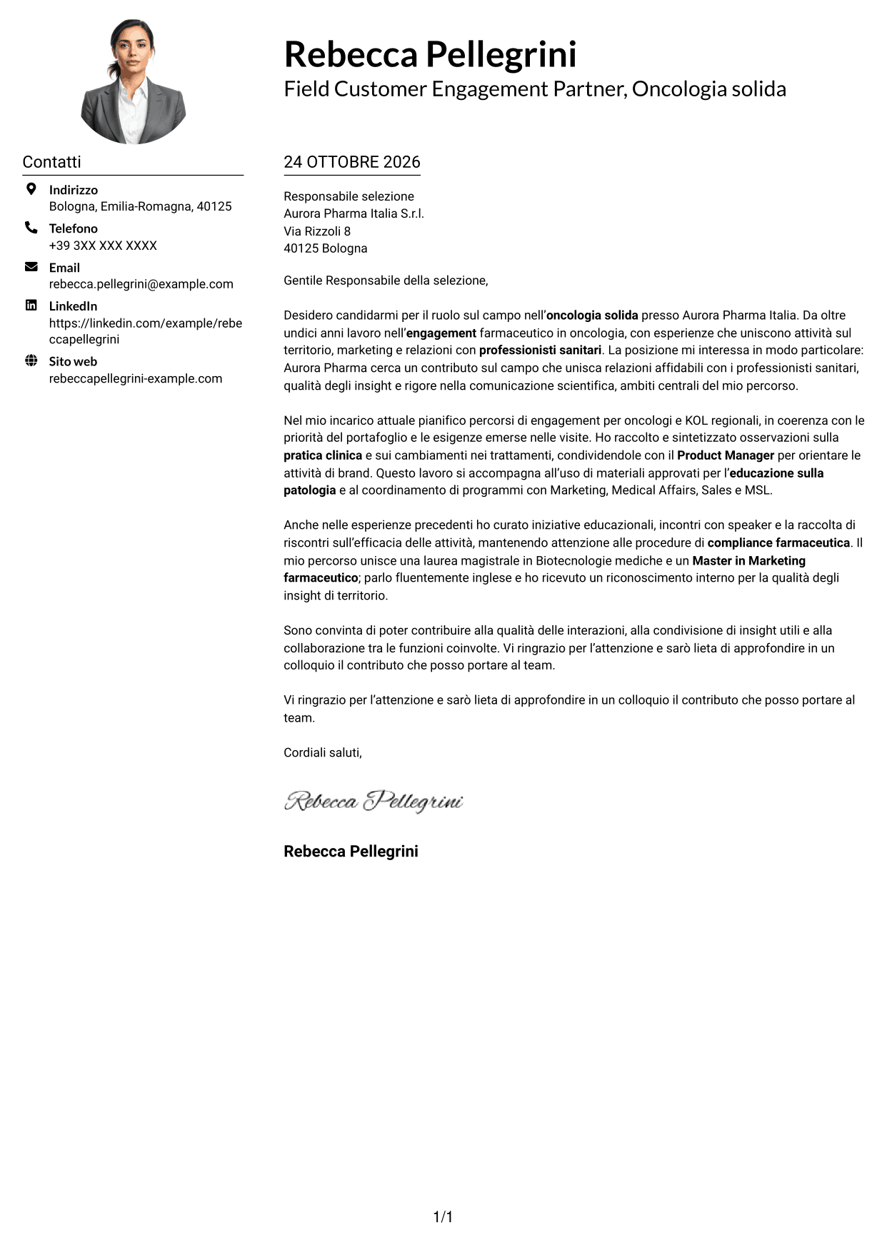 Esempio di lettera di presentazione — pagina 1