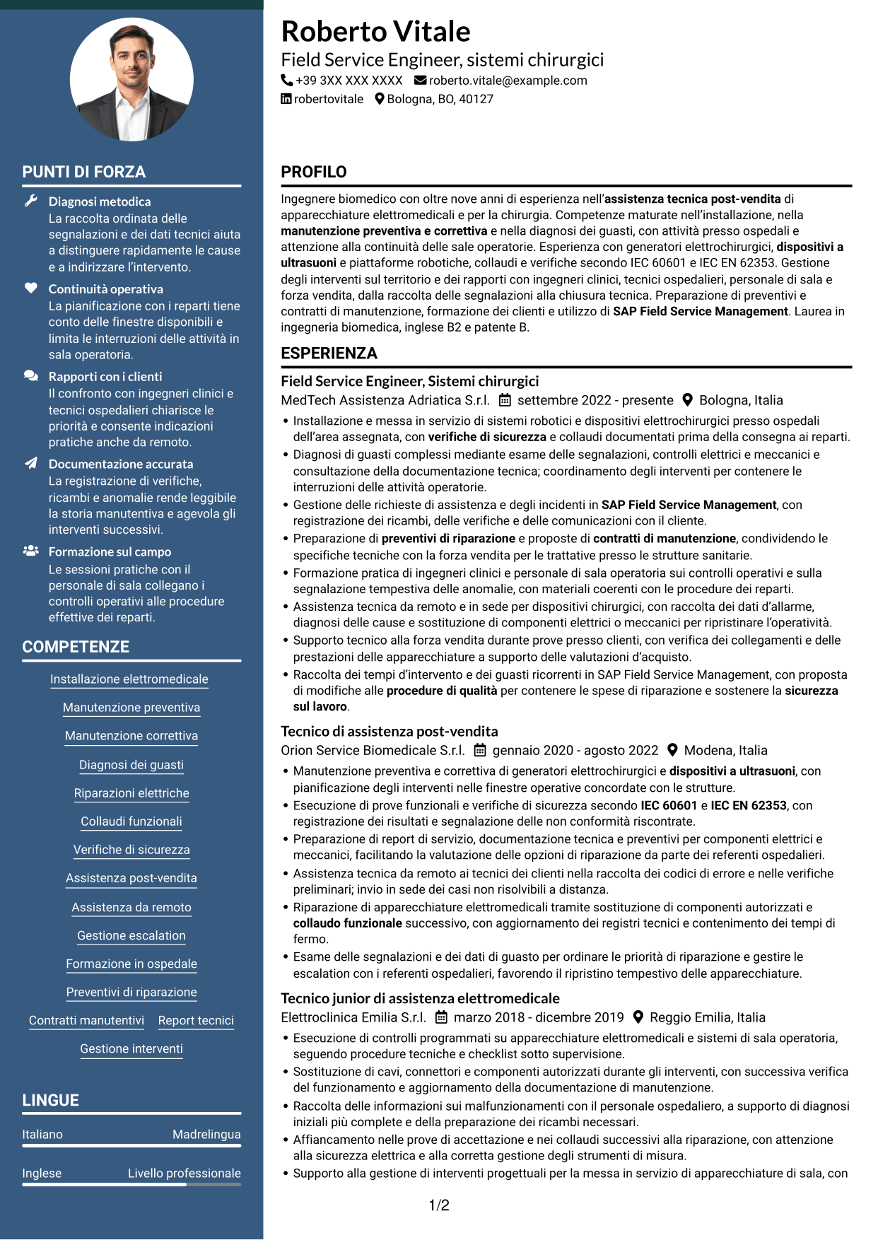 CV Elegante (formato con colonna laterale colorata e foto): Field Service Engineer - Apparecchiature chirurgiche, pagina 1