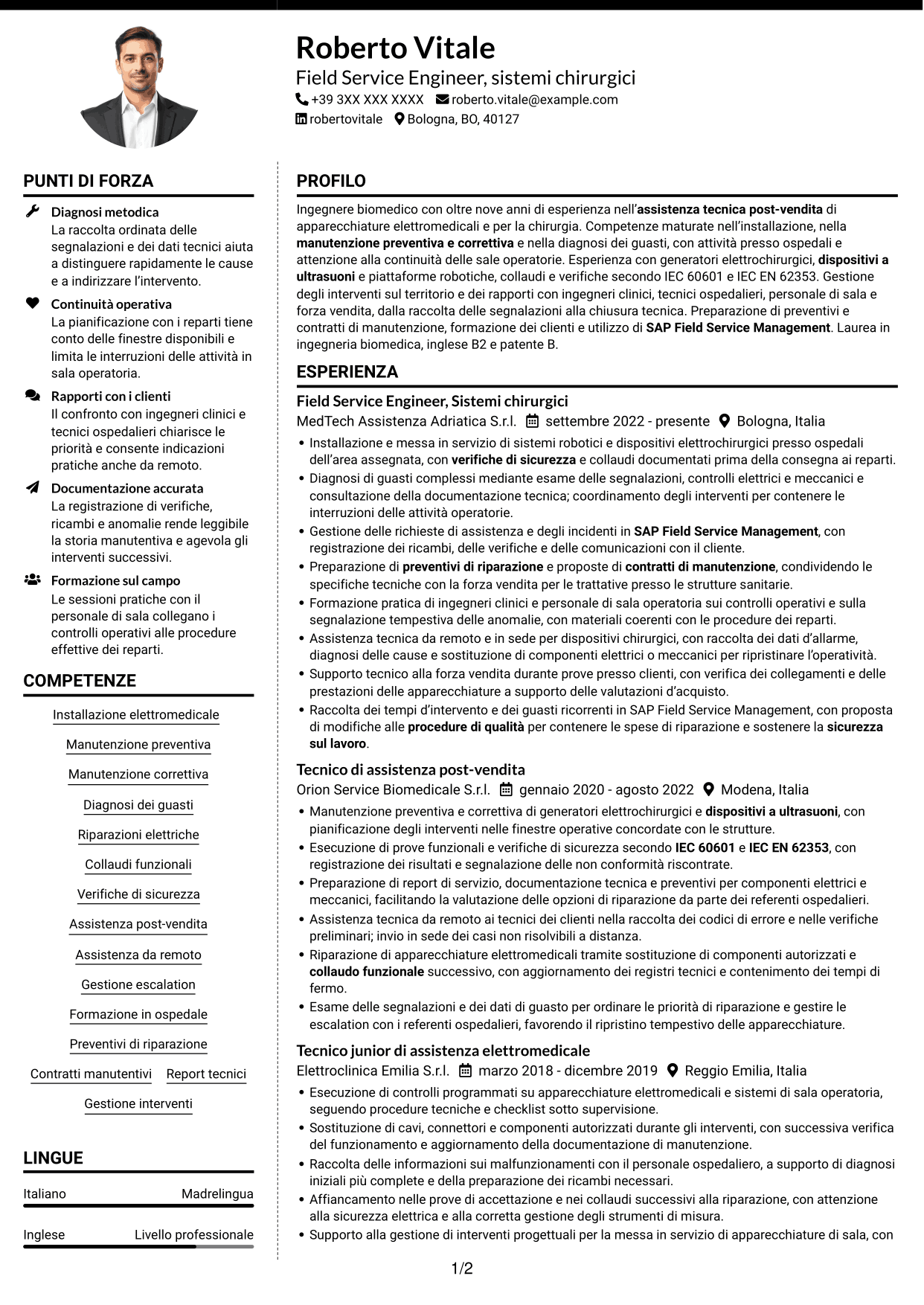 CV Moderno (formato a due colonne con foto a sinistra e separatore): Field Service Engineer - Apparecchiature chirurgiche, pagina 1