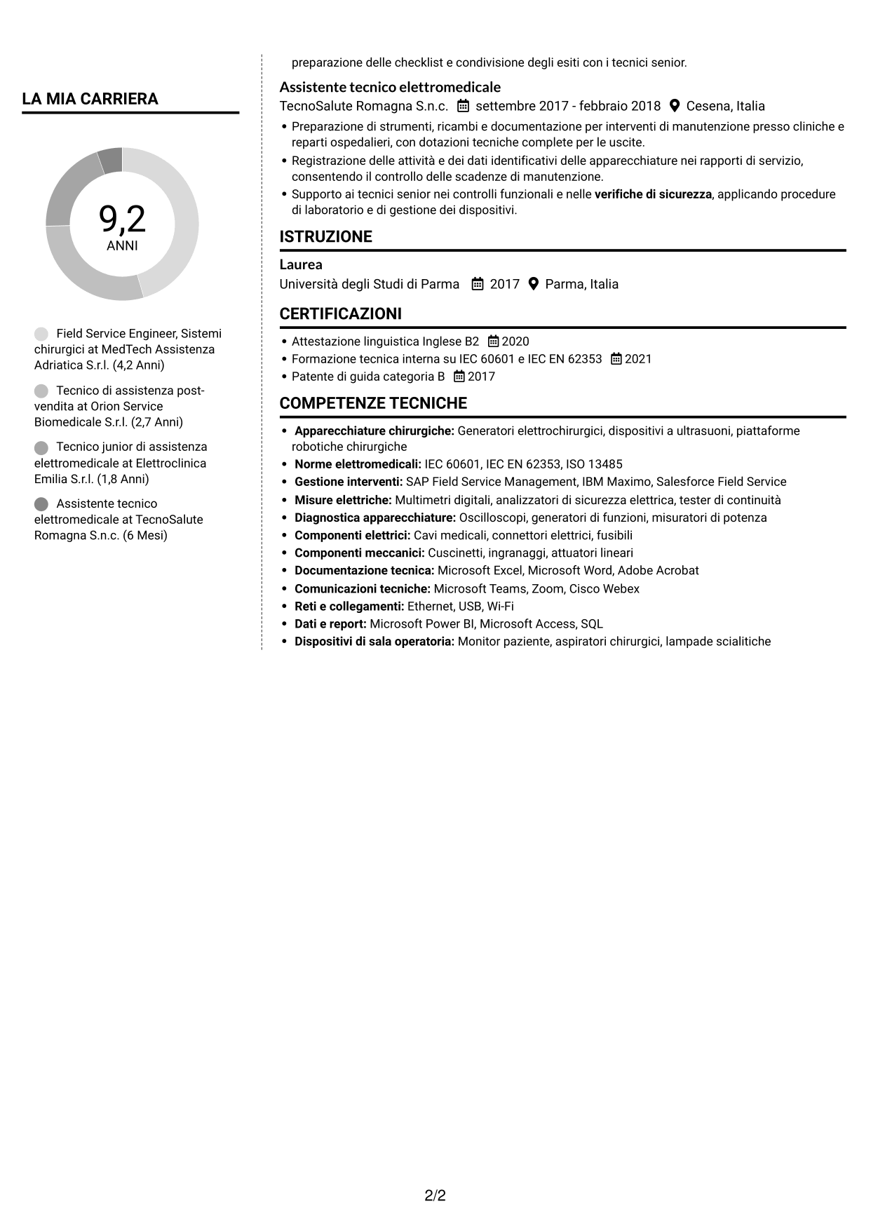 CV Moderno (formato a due colonne con foto a sinistra e separatore): Field Service Engineer - Apparecchiature chirurgiche, pagina 2
