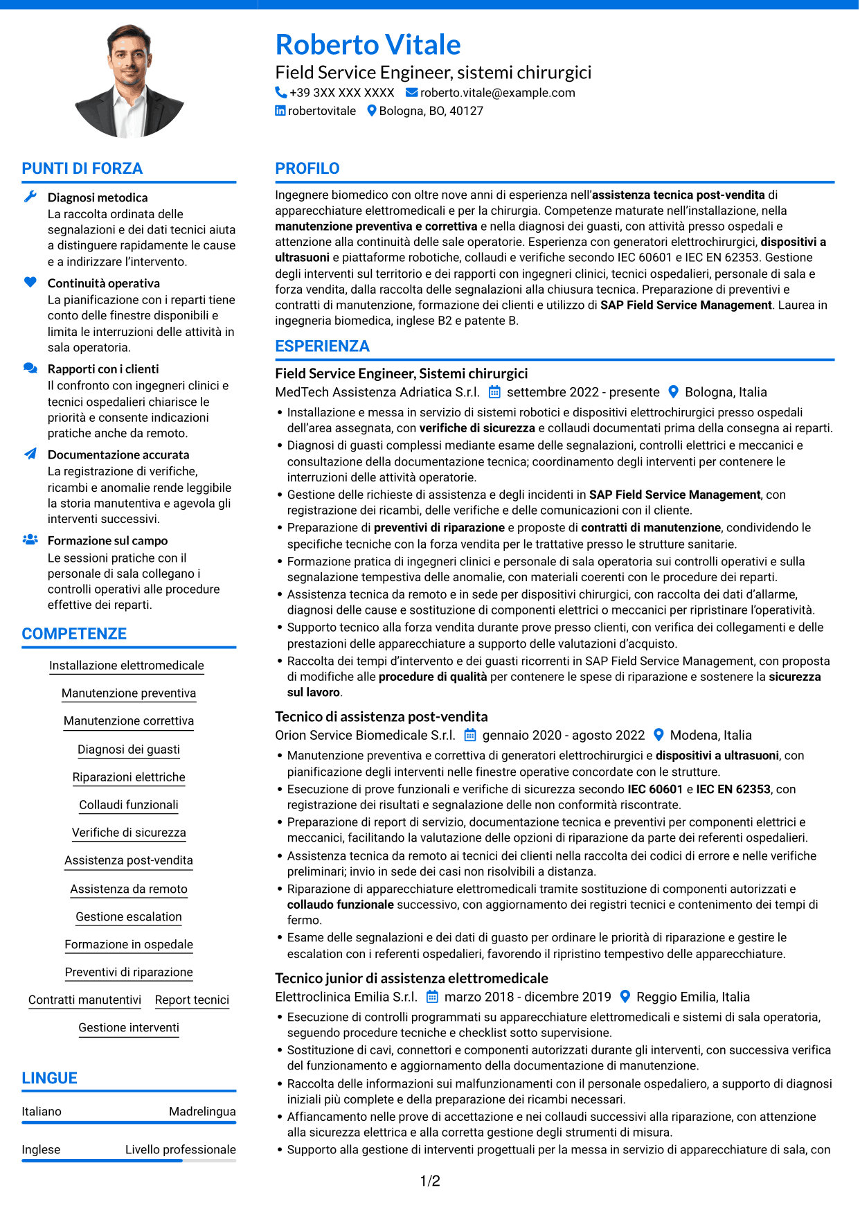 CV Audace (formato a due colonne con accenti colorati e foto): Field Service Engineer - Apparecchiature chirurgiche, pagina 1