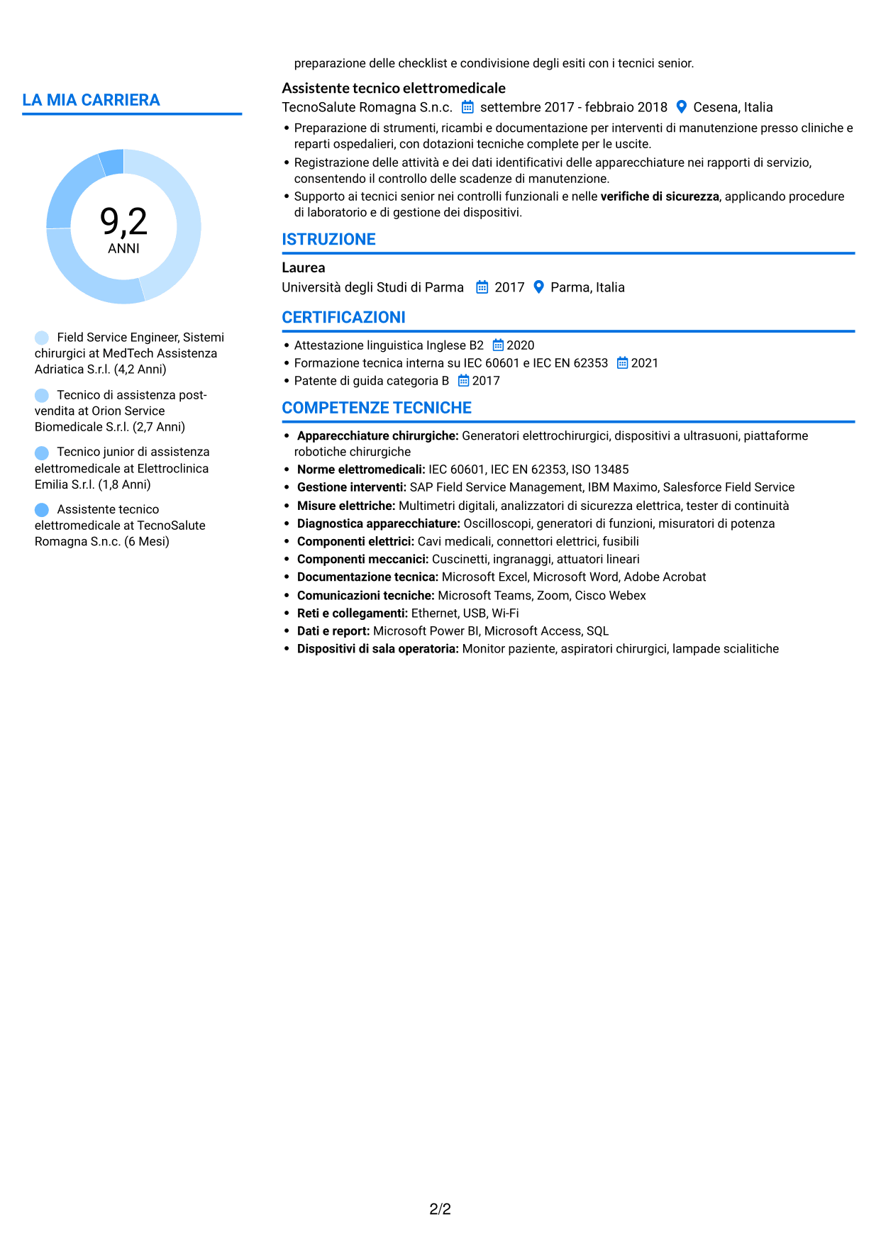 CV Audace (formato a due colonne con accenti colorati e foto): Field Service Engineer - Apparecchiature chirurgiche, pagina 2