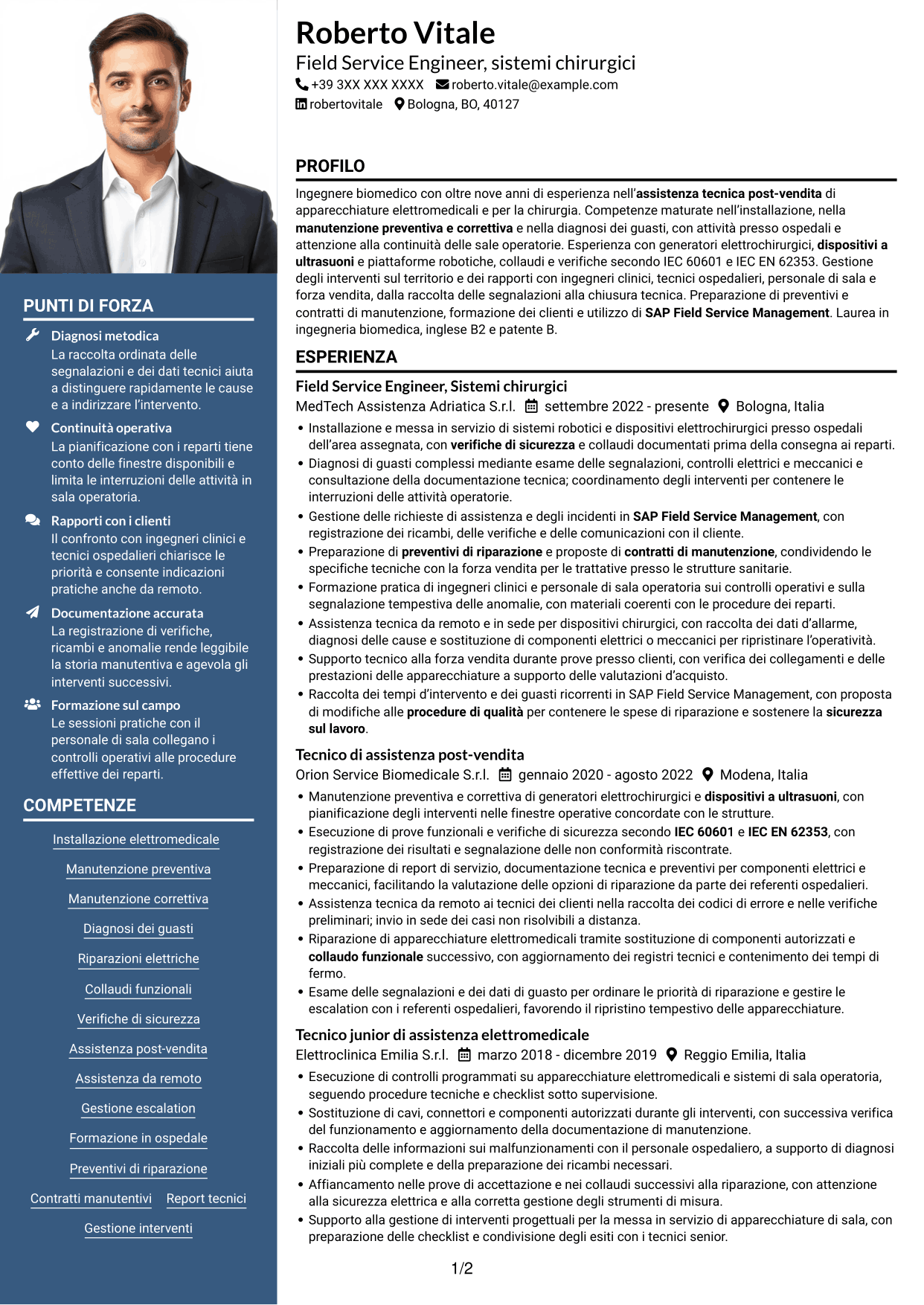 CV Signature (formato con colonna laterale colorata e foto grande): Field Service Engineer - Apparecchiature chirurgiche, pagina 1