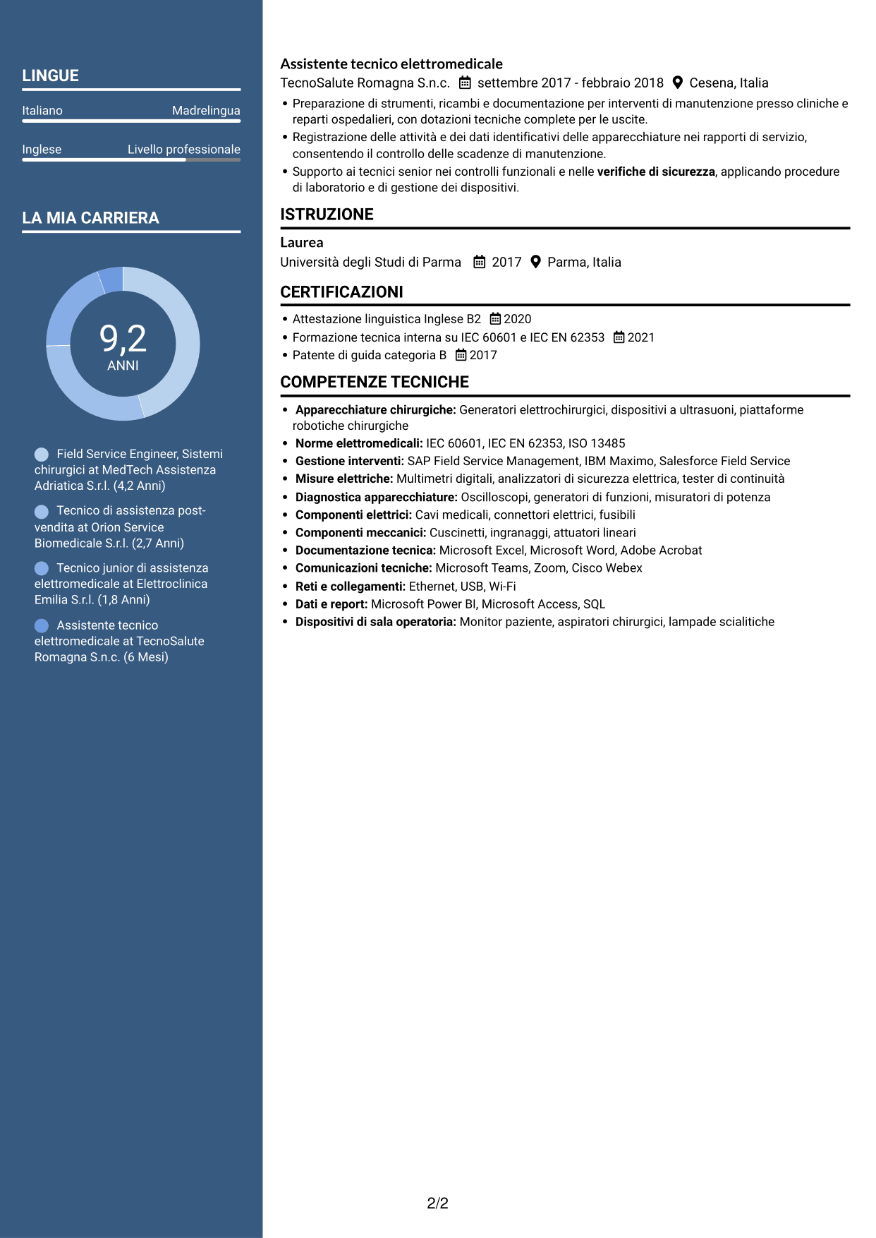 CV Signature (formato con colonna laterale colorata e foto grande): Field Service Engineer - Apparecchiature chirurgiche, pagina 2