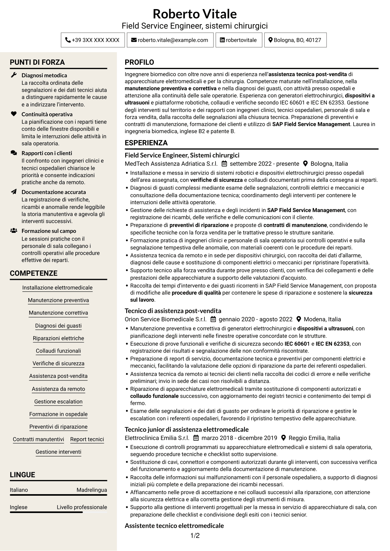 CV Intraprendente (formato a due colonne con intestazione centrata senza foto): Field Service Engineer - Apparecchiature chirurgiche, pagina 1