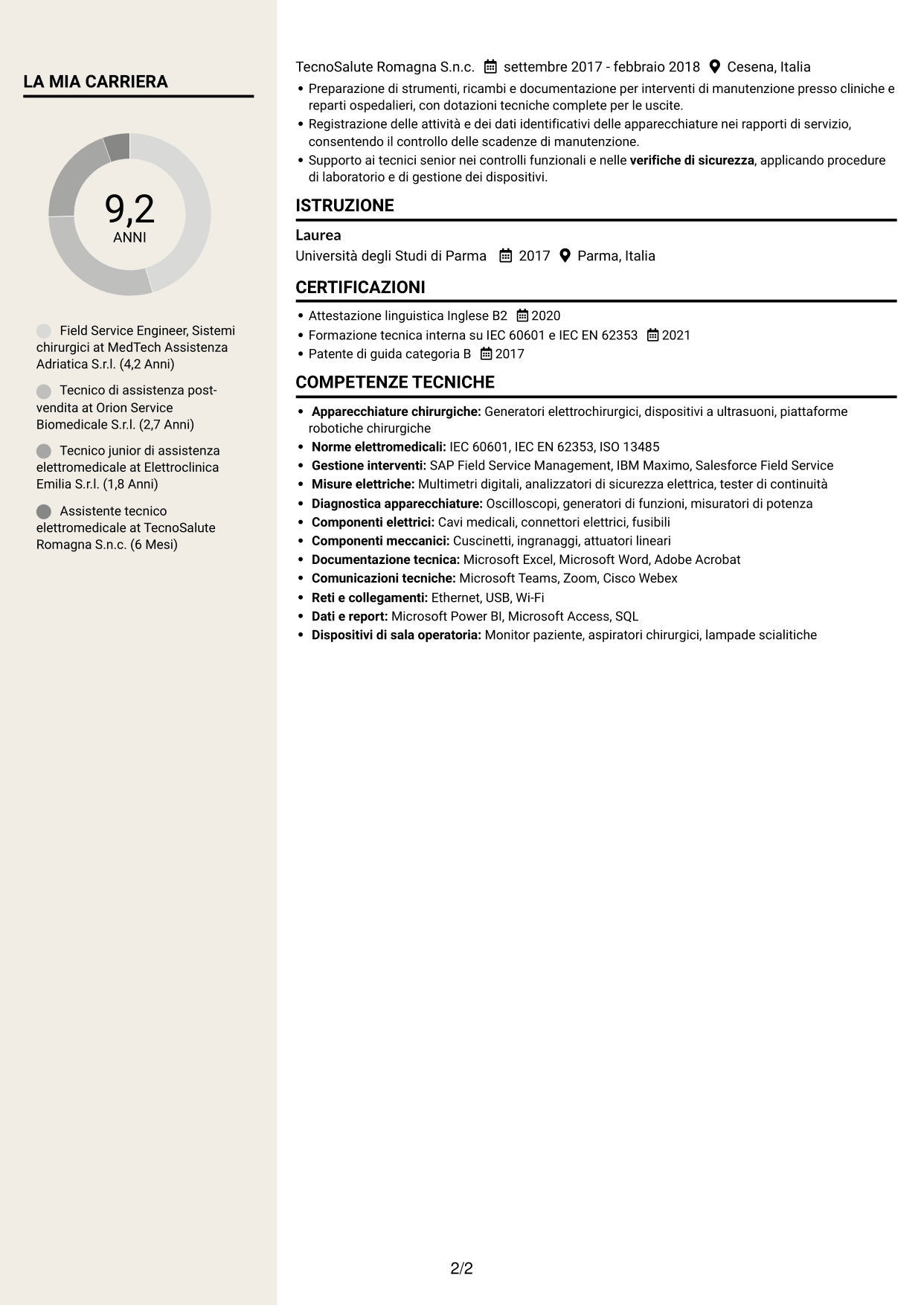 CV Intraprendente (formato a due colonne con intestazione centrata senza foto): Field Service Engineer - Apparecchiature chirurgiche, pagina 2